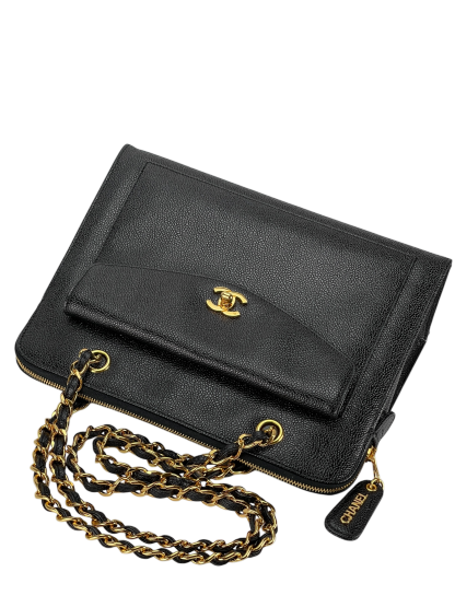 CHANEL - Coco Mark Caviar Skin Chain Shoulder Bag Black Gold Hardware