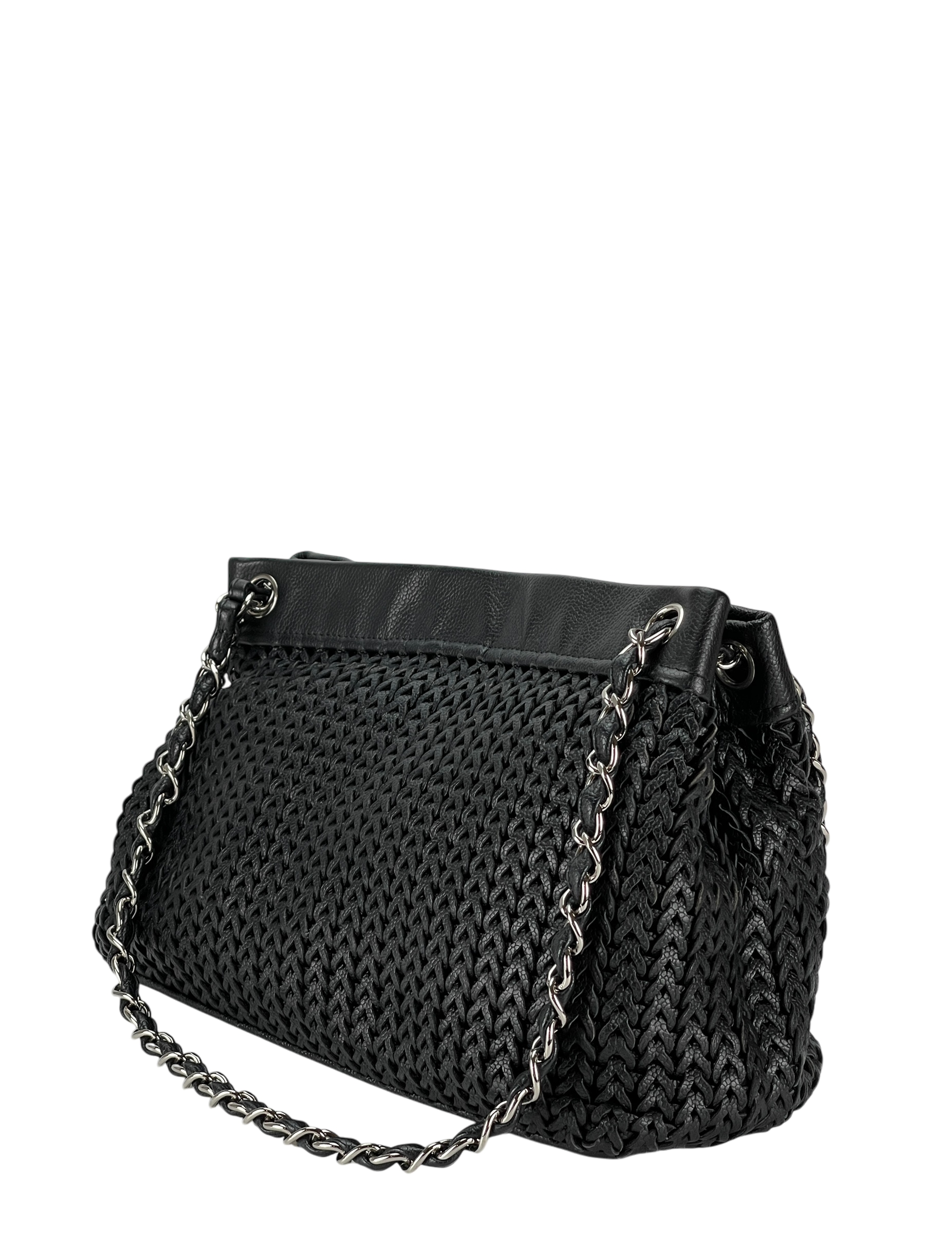 CHANEL - 2way Double Chain Mesh Braided Caviar Skin Coco Mark Black