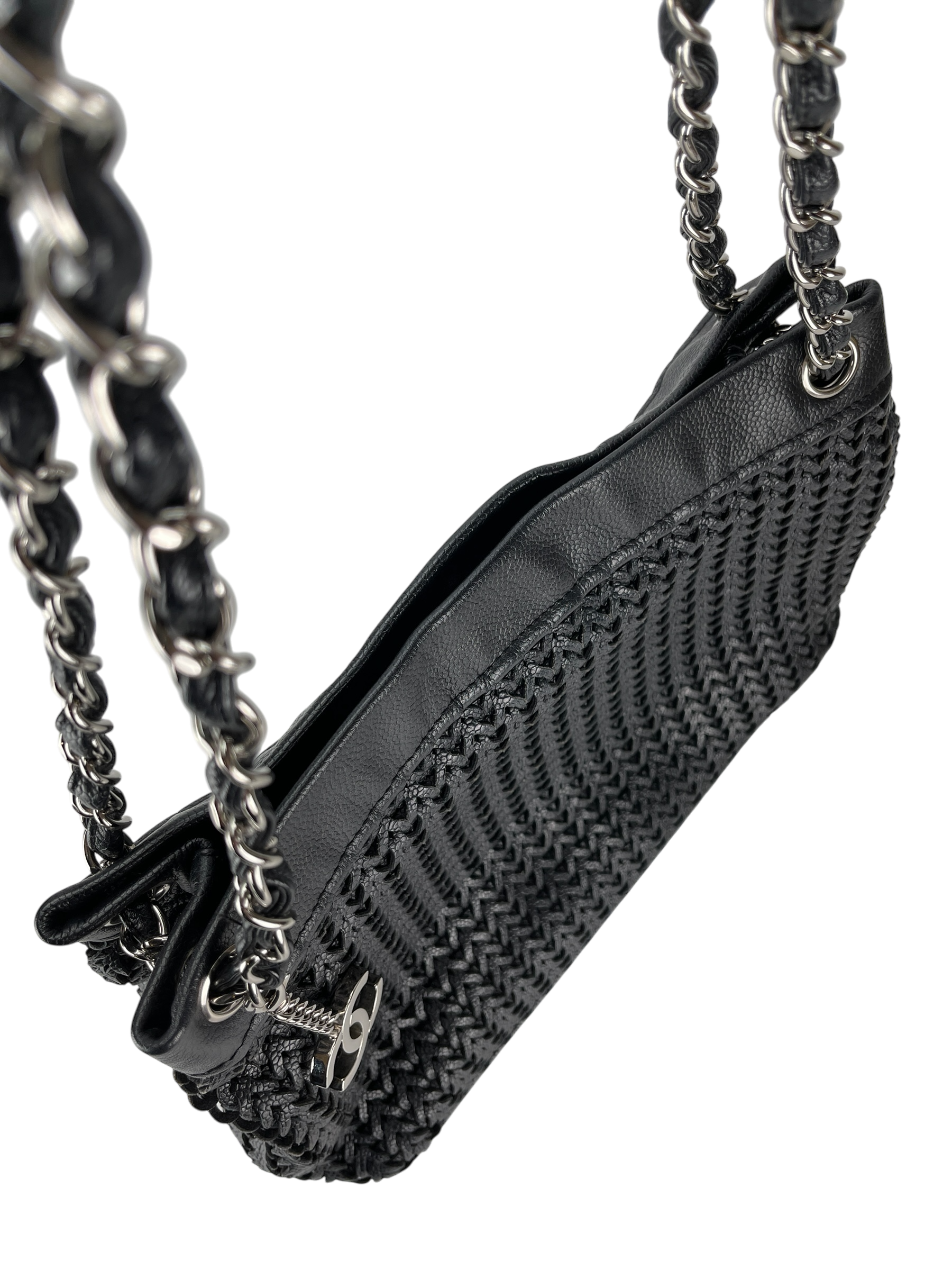 CHANEL - 2way Double Chain Mesh Braided Caviar Skin Coco Mark Black