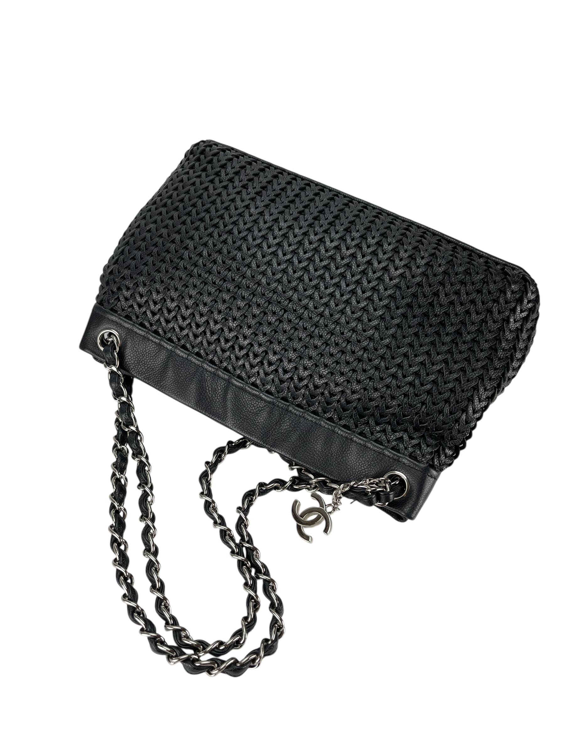 CHANEL - 2way Double Chain Mesh Braided Caviar Skin Coco Mark Black