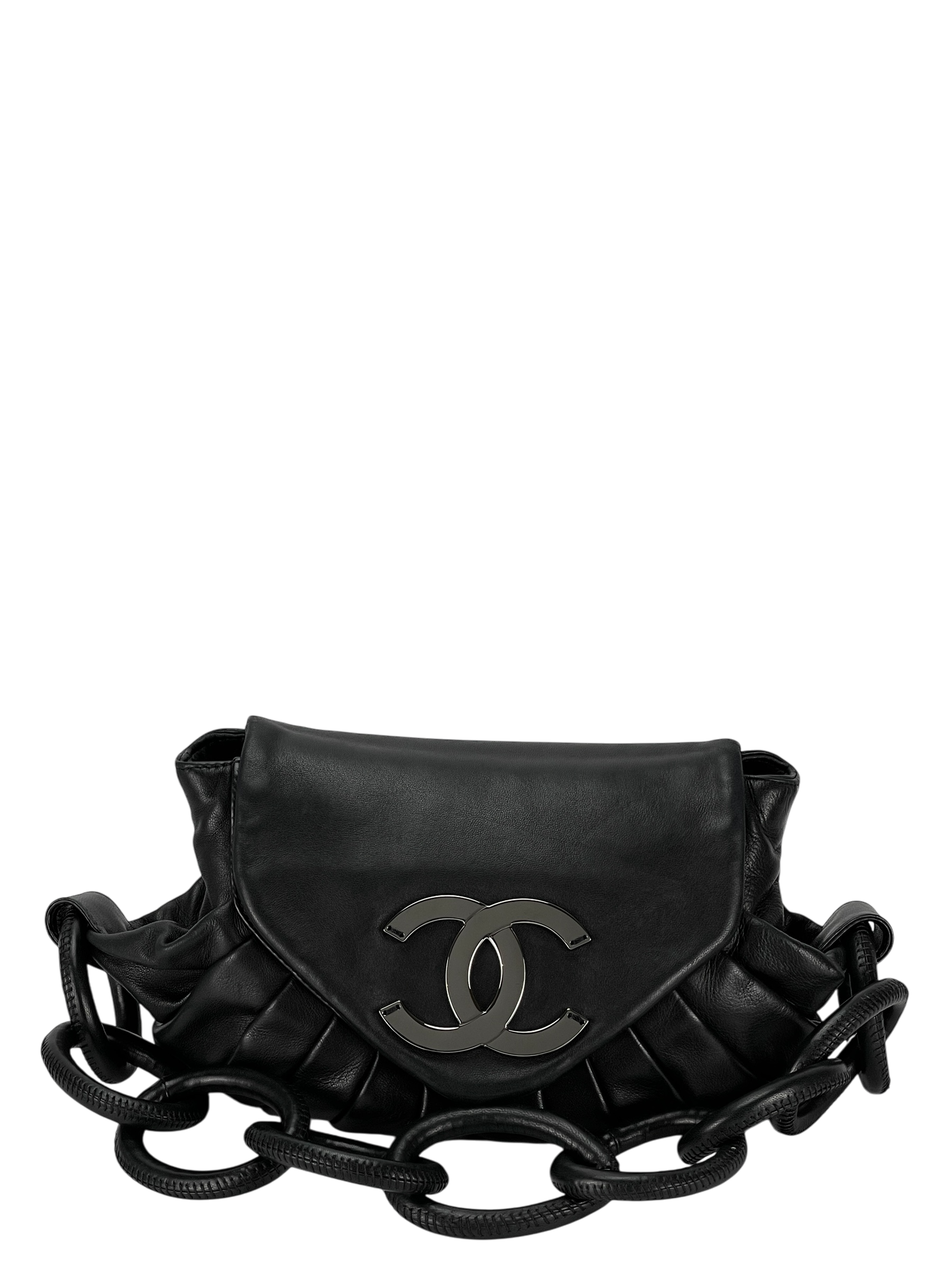 CHANEL - Black Coco Mark Lambskin Pleated Ring Handle Bag