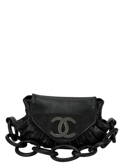 CHANEL - Black Coco Mark Lambskin Pleated Ring Handle Bag