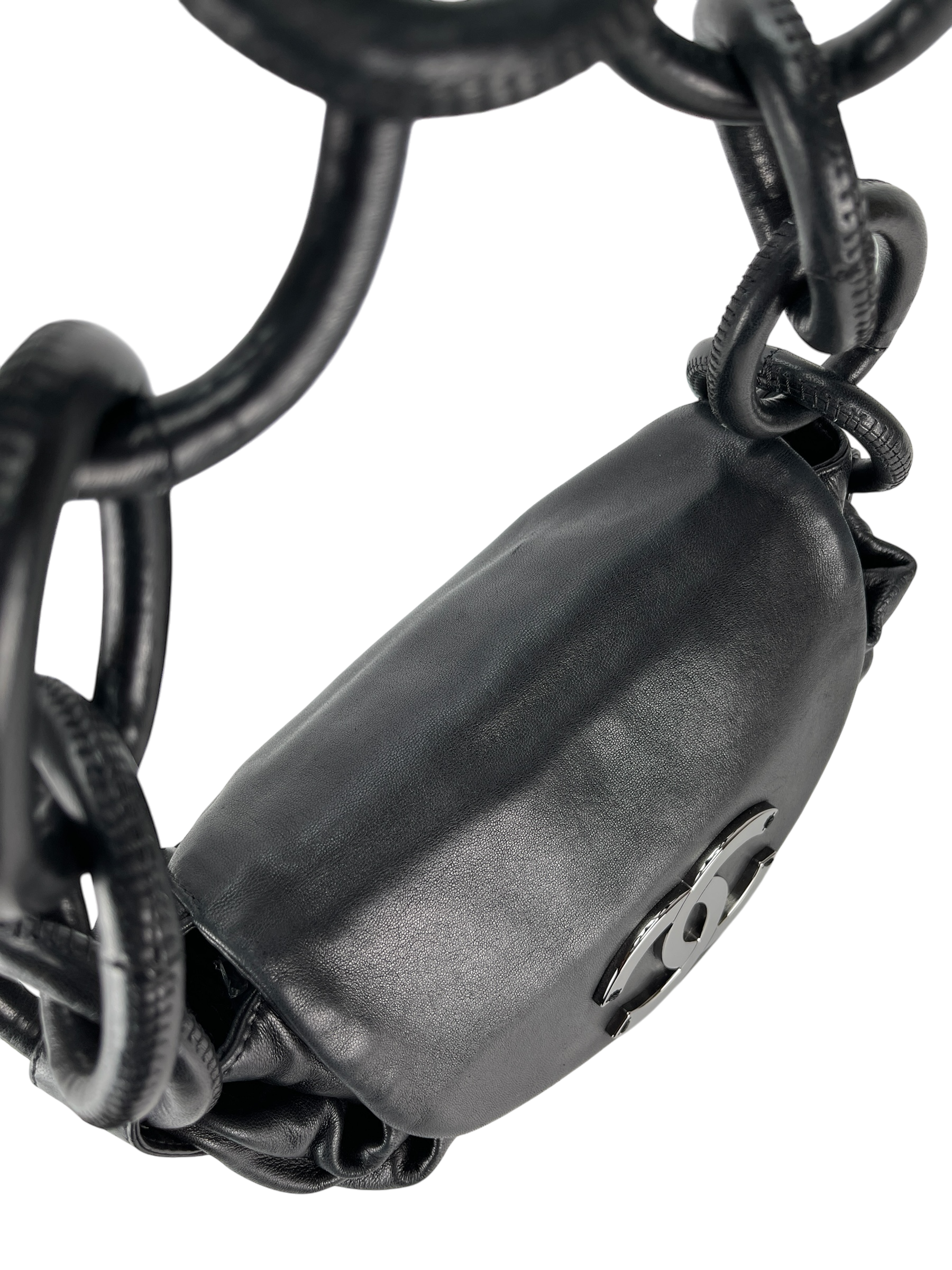 CHANEL - Black Coco Mark Lambskin Pleated Ring Handle Bag