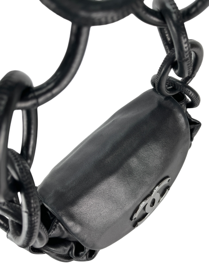 CHANEL - Black Coco Mark Lambskin Pleated Ring Handle Bag