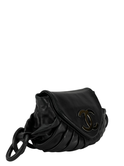 CHANEL - Black Coco Mark Lambskin Pleated Ring Handle Bag