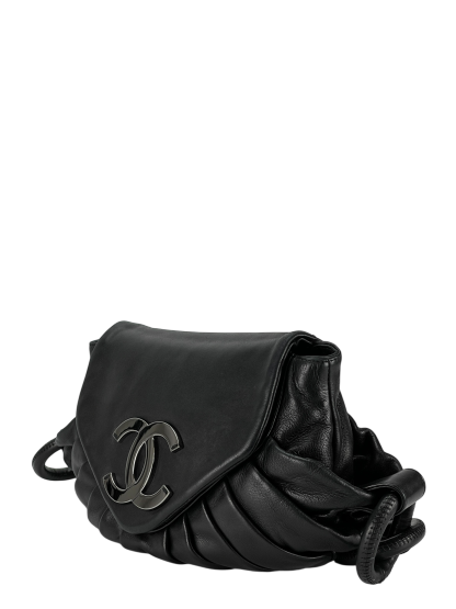CHANEL - Black Coco Mark Lambskin Pleated Ring Handle Bag