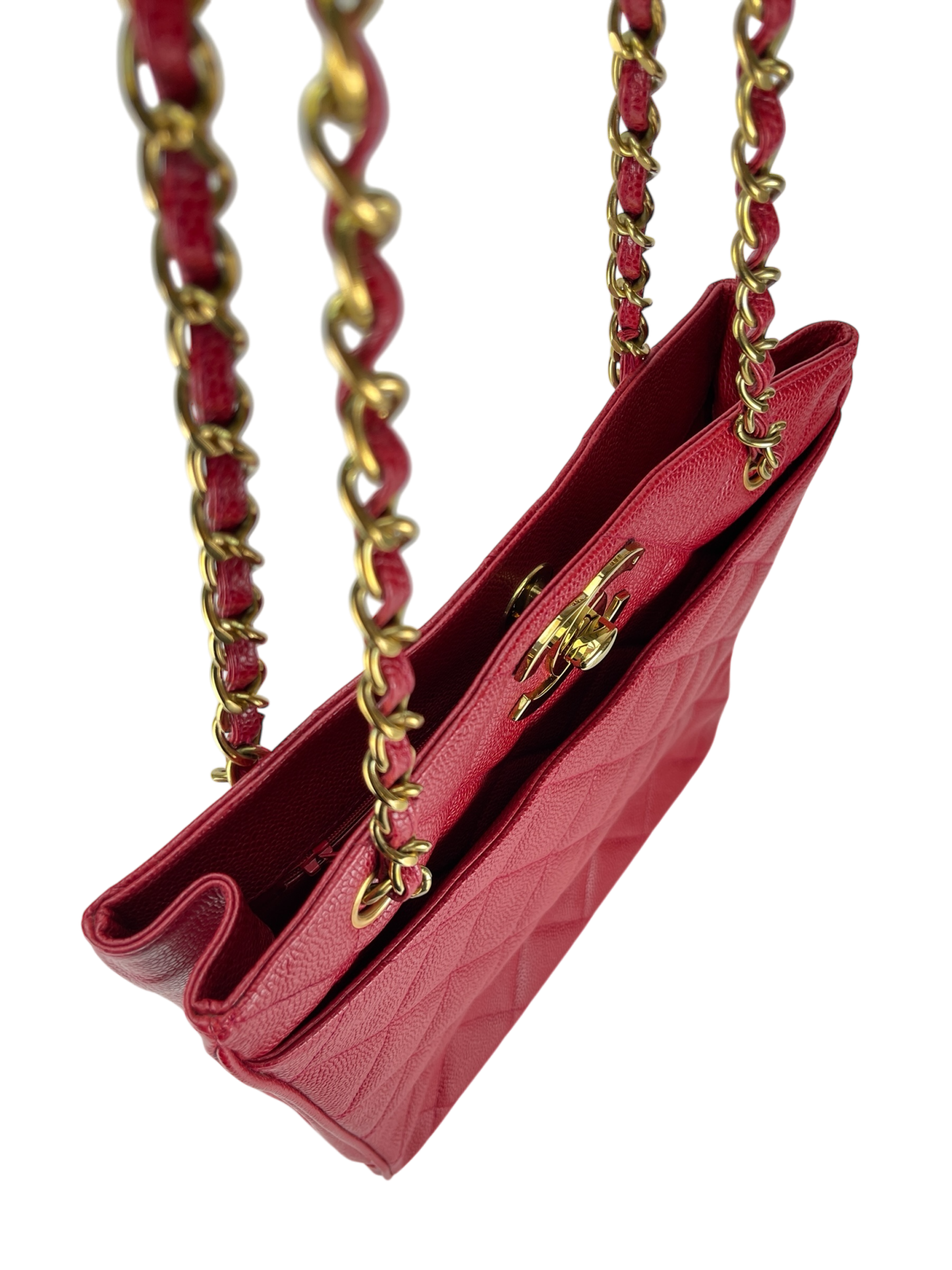 CHANEL - Red Caviar Deca Coco Mark Matelasse Chain Shoulder Bag