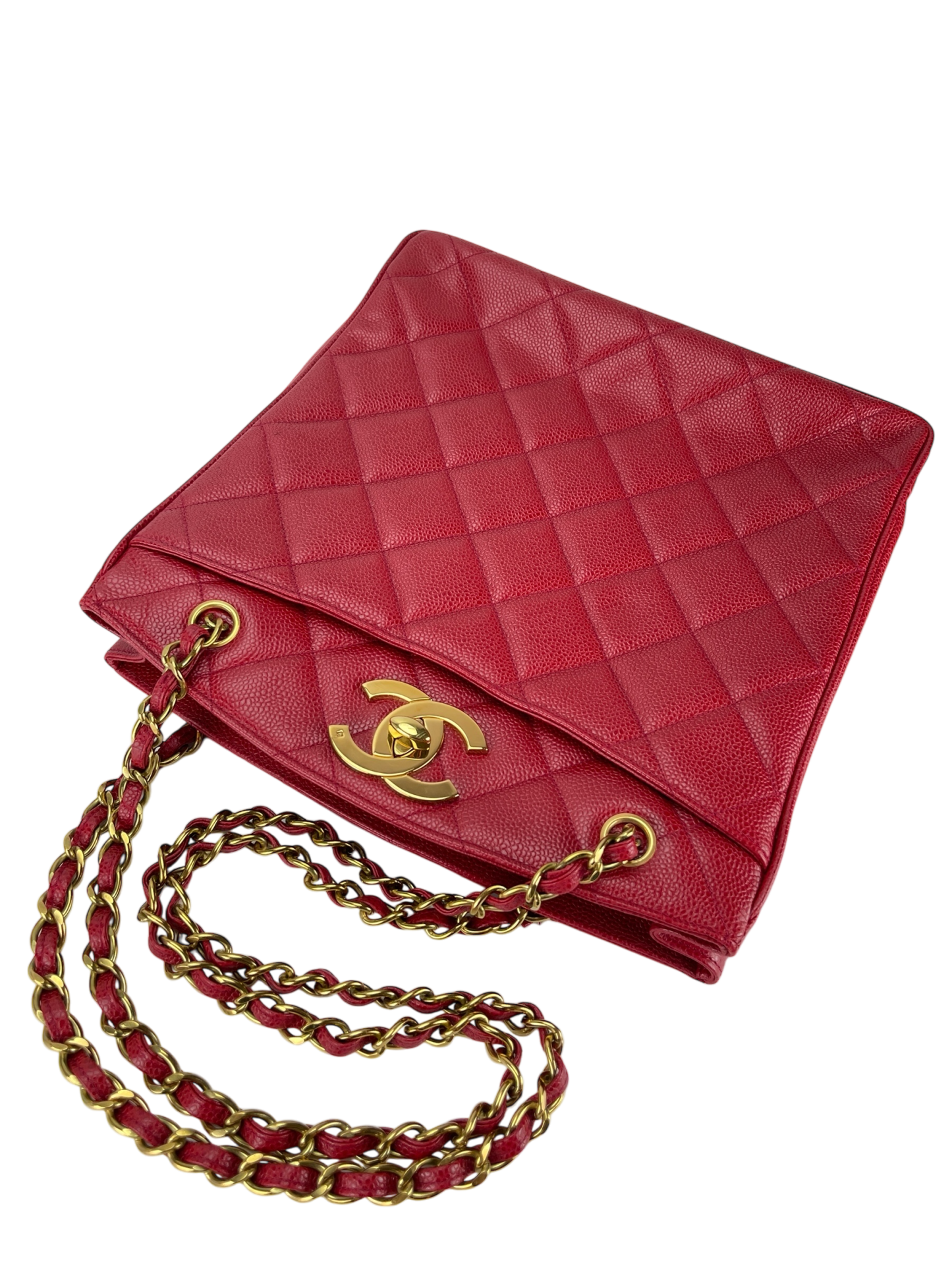 CHANEL - Red Caviar Deca Coco Mark Matelasse Chain Shoulder Bag