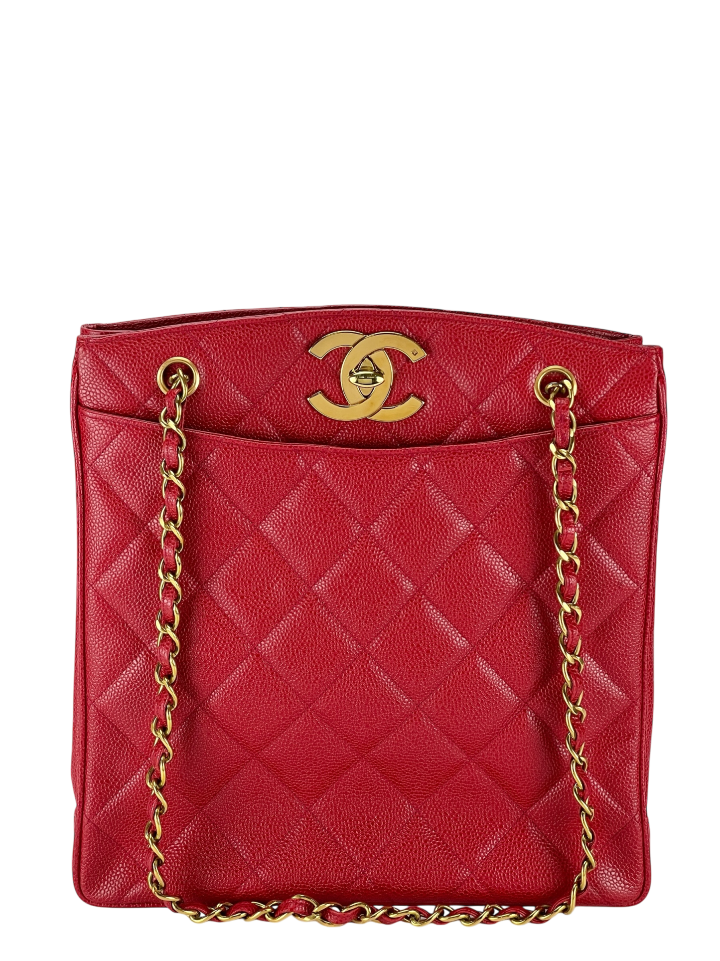 CHANEL - Red Caviar Deca Coco Mark Matelasse Chain Shoulder Bag