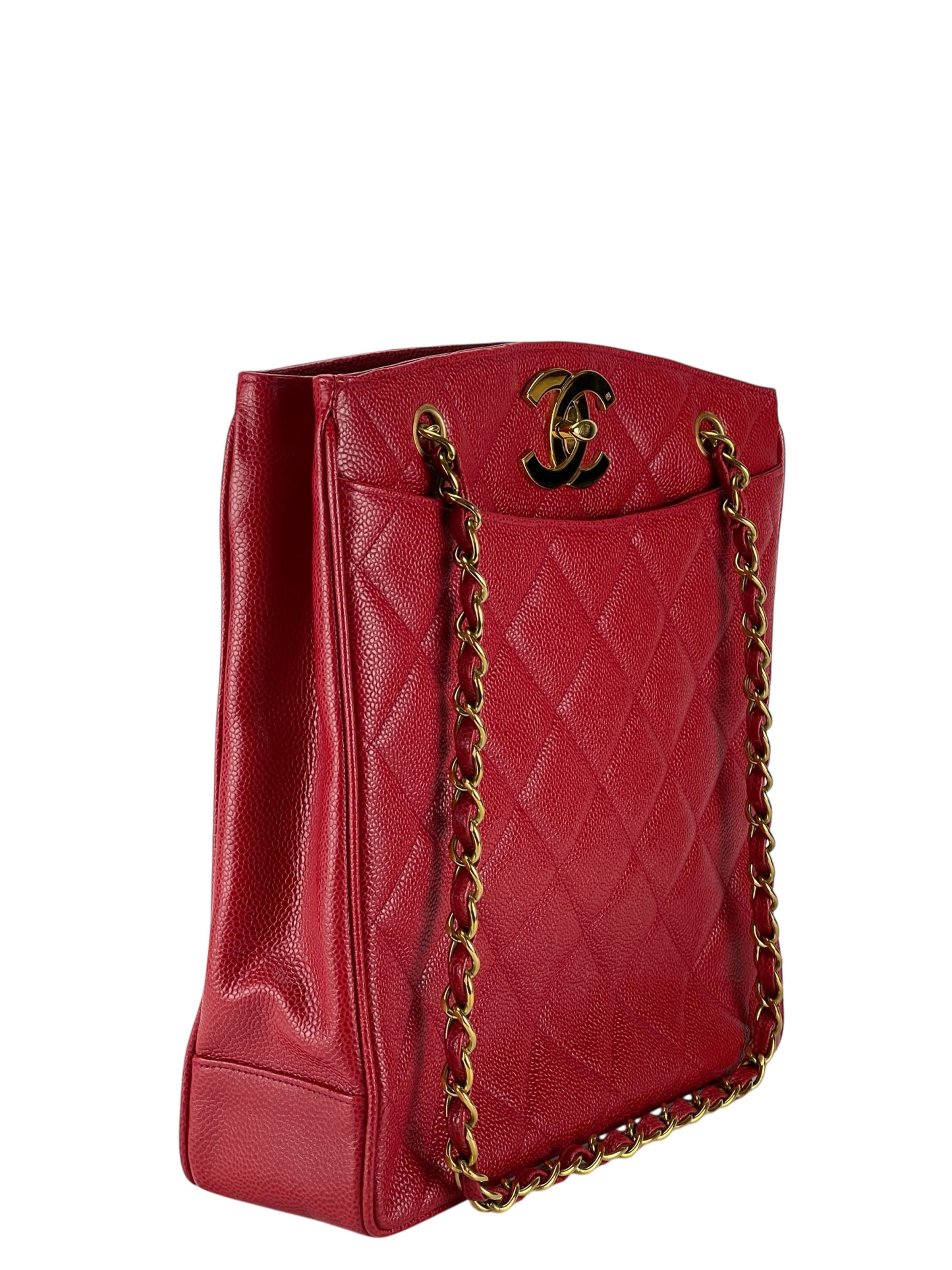 CHANEL - Red Caviar Deca Coco Mark Matelasse Chain Shoulder Bag
