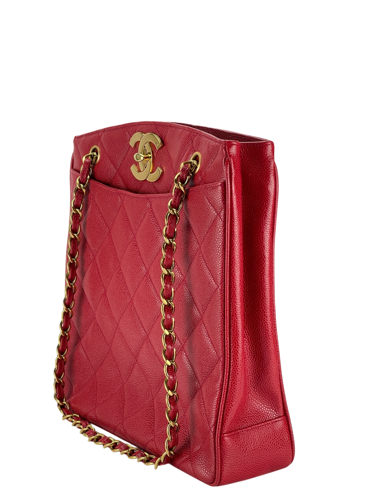 CHANEL - Red Caviar Deca Coco Mark Matelasse Chain Shoulder Bag