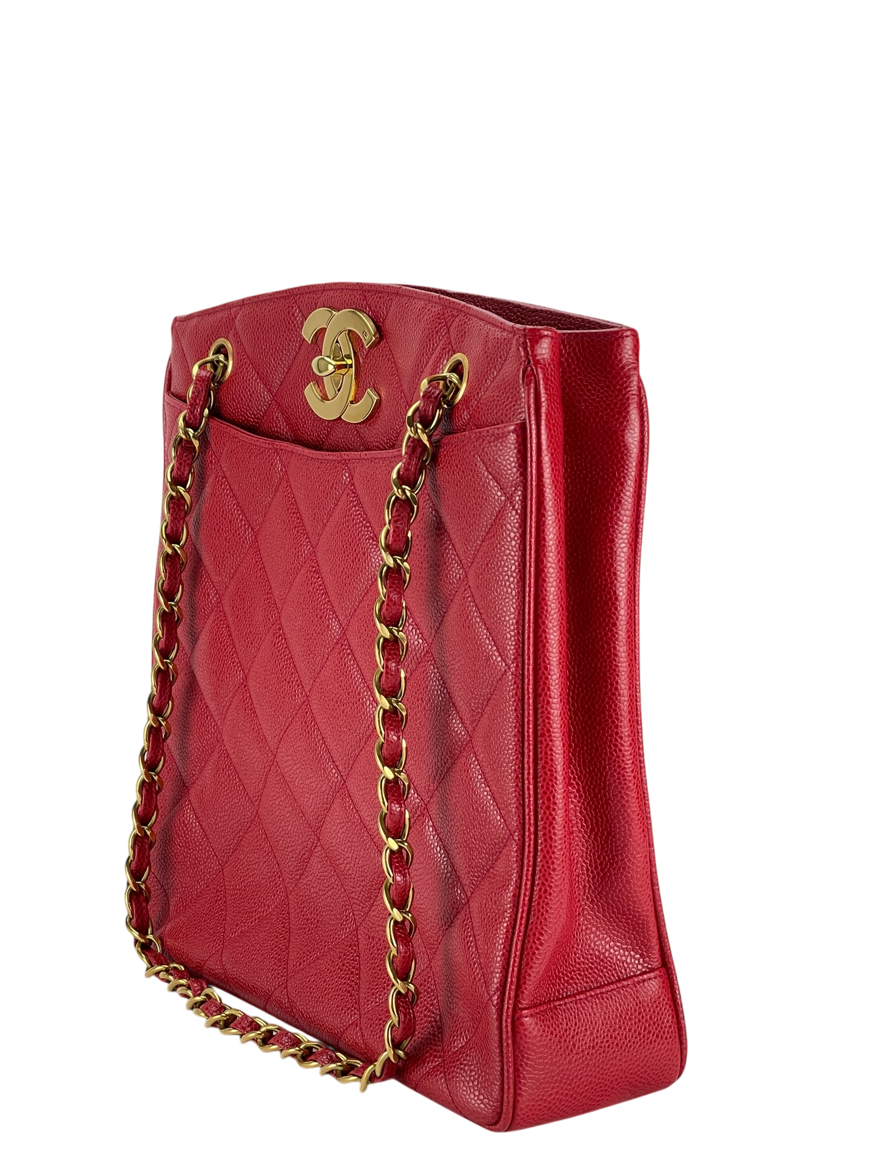 CHANEL - Red Caviar Deca Coco Mark Matelasse Chain Shoulder Bag