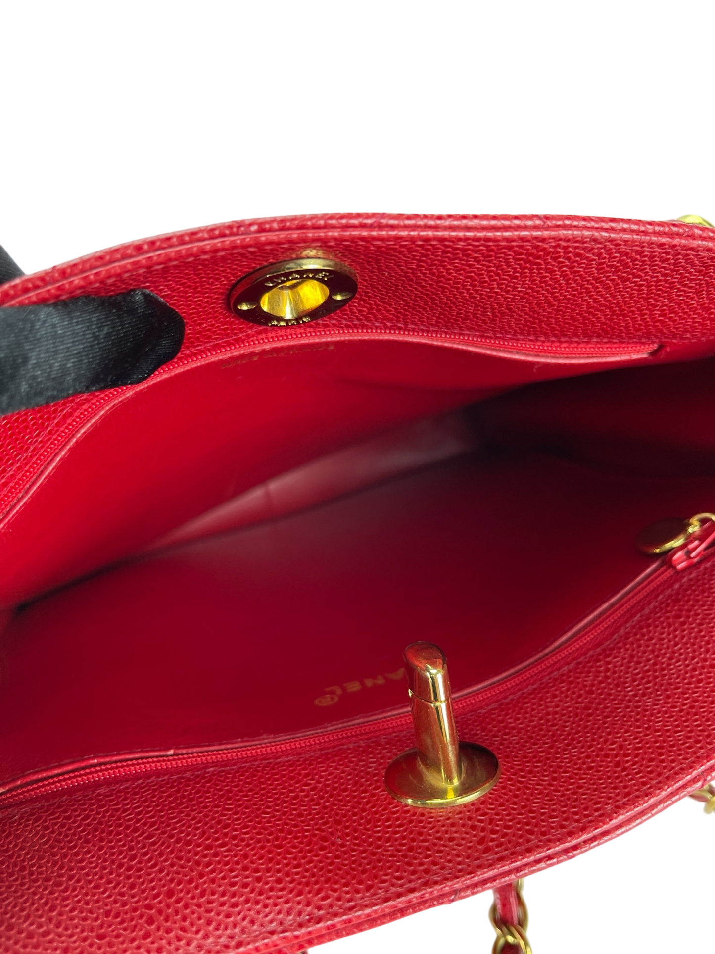 CHANEL - Red Caviar Deca Coco Mark Matelasse Chain Shoulder Bag