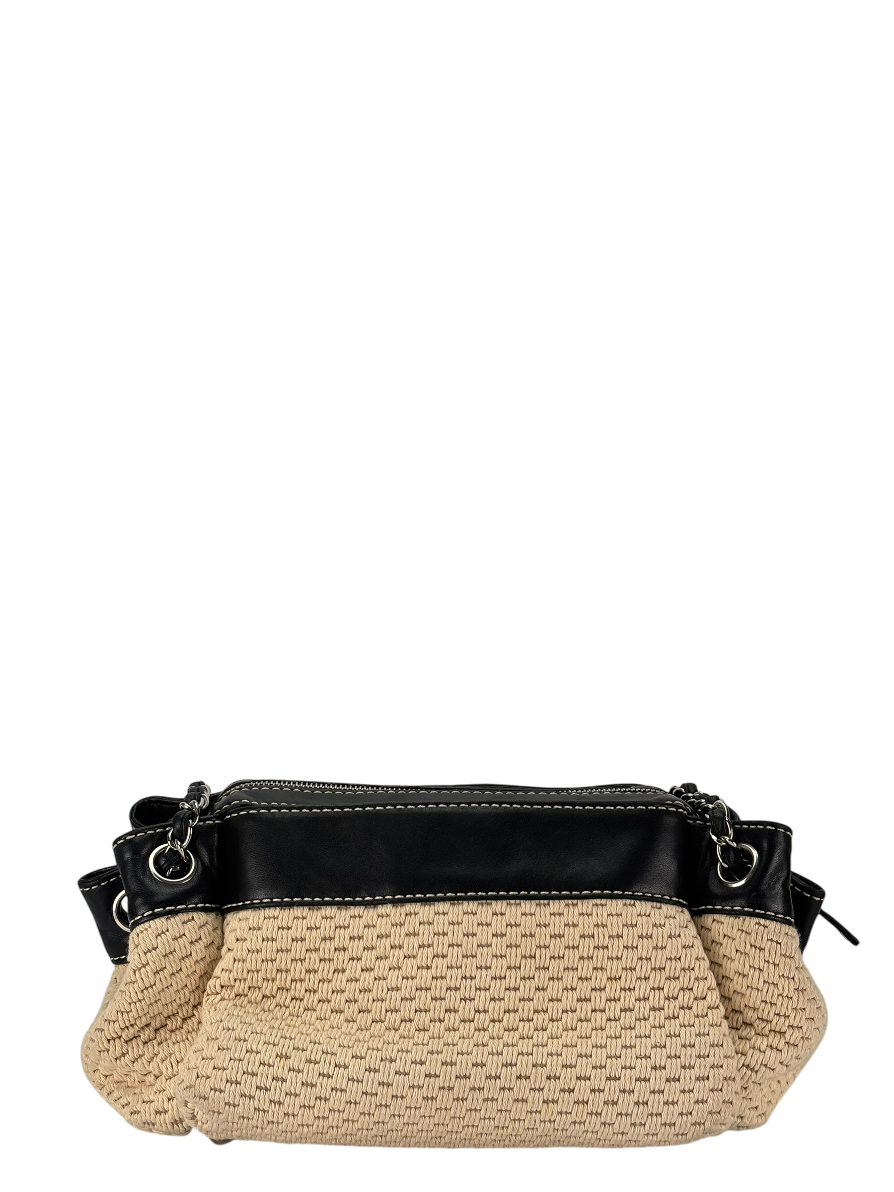 CHANEL - logo chain shoulder bag cotton leather beige black