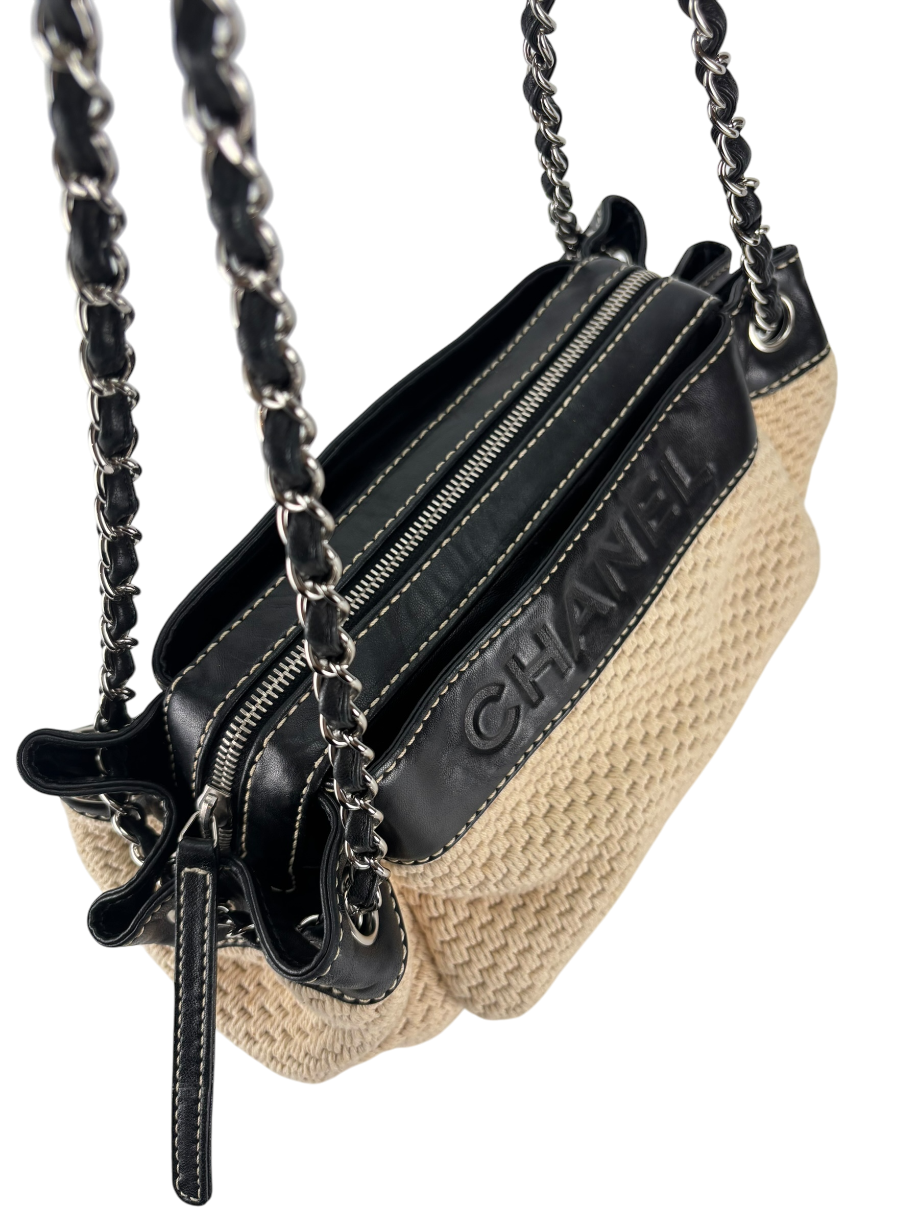 CHANEL - logo chain shoulder bag cotton leather beige black
