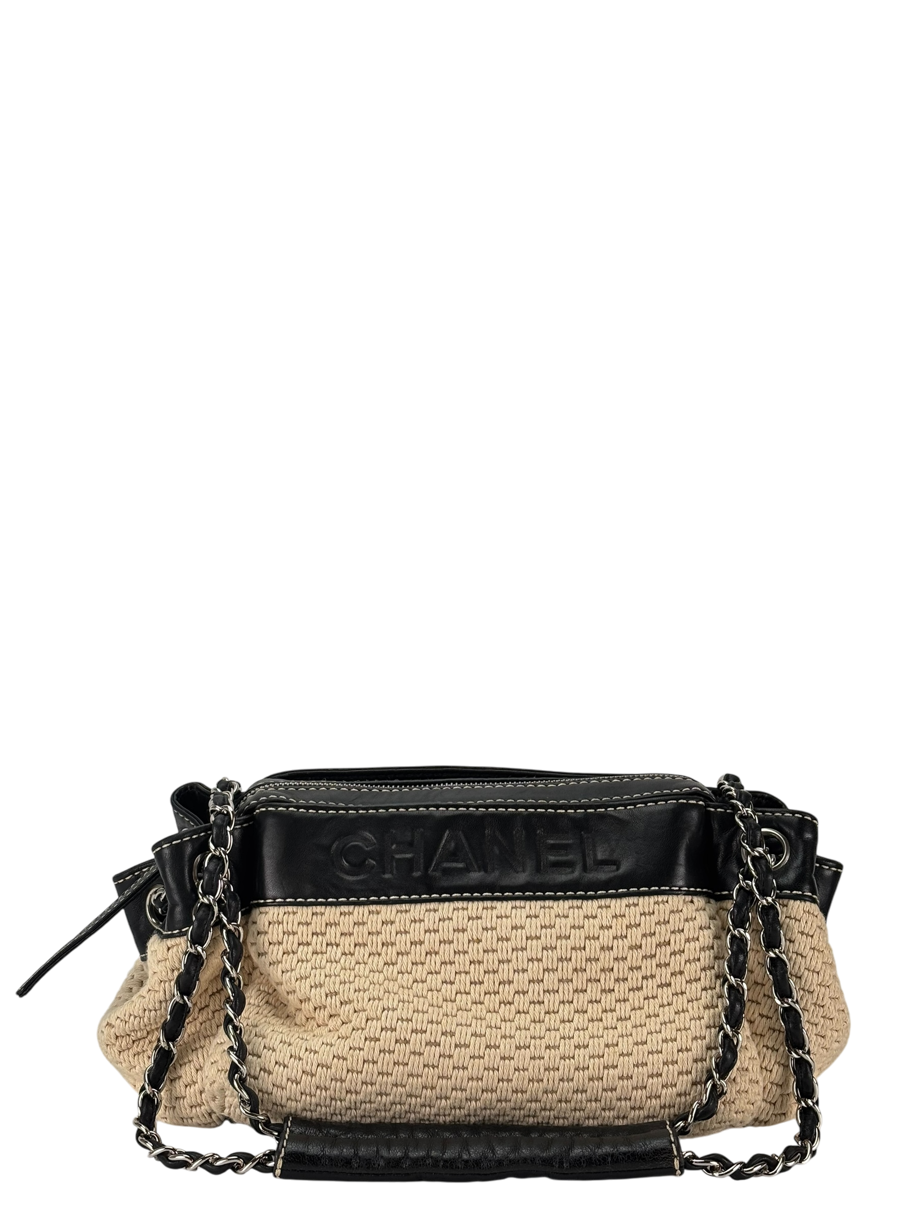 CHANEL - logo chain shoulder bag cotton leather beige black