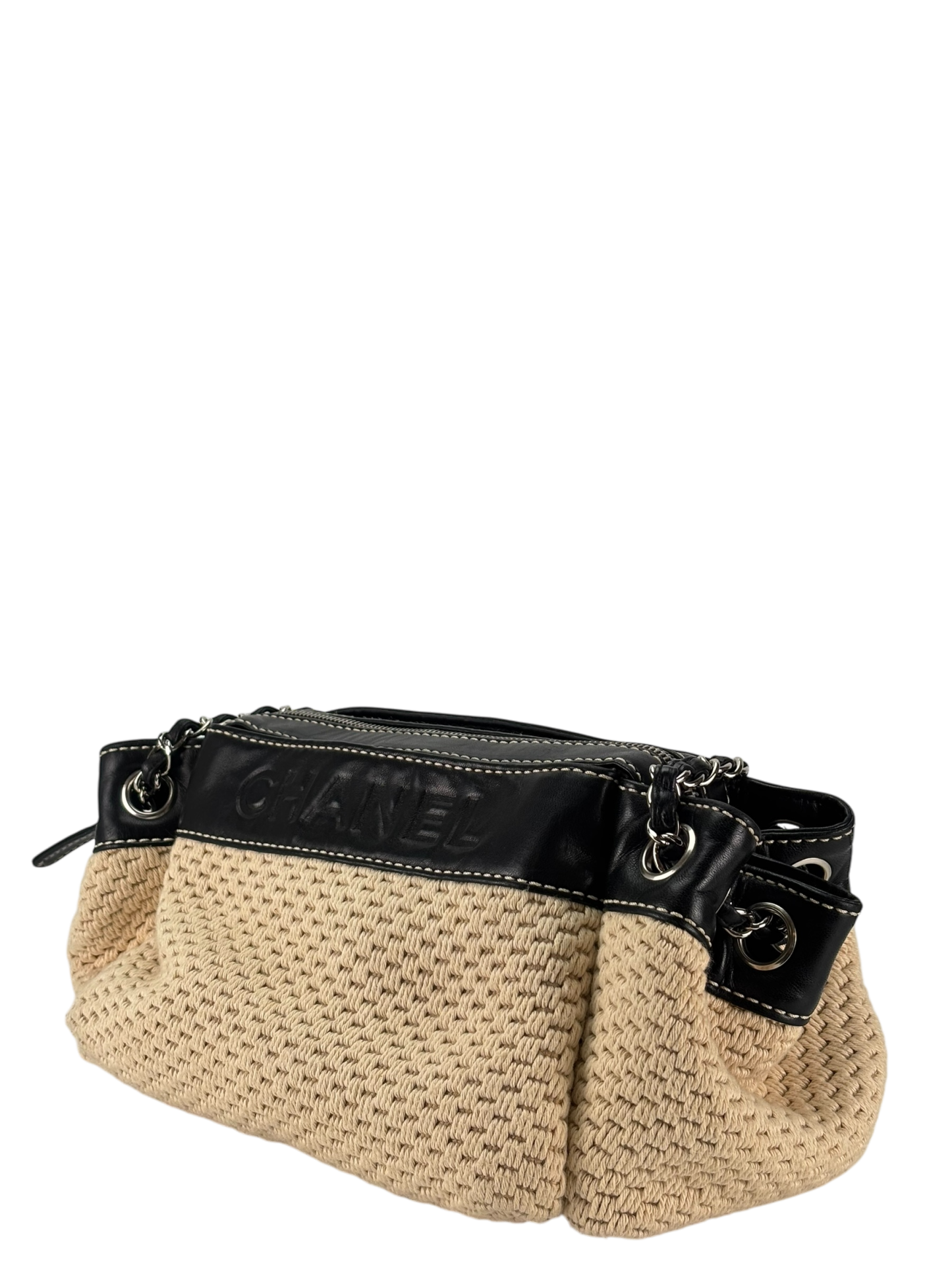 CHANEL - logo chain shoulder bag cotton leather beige black