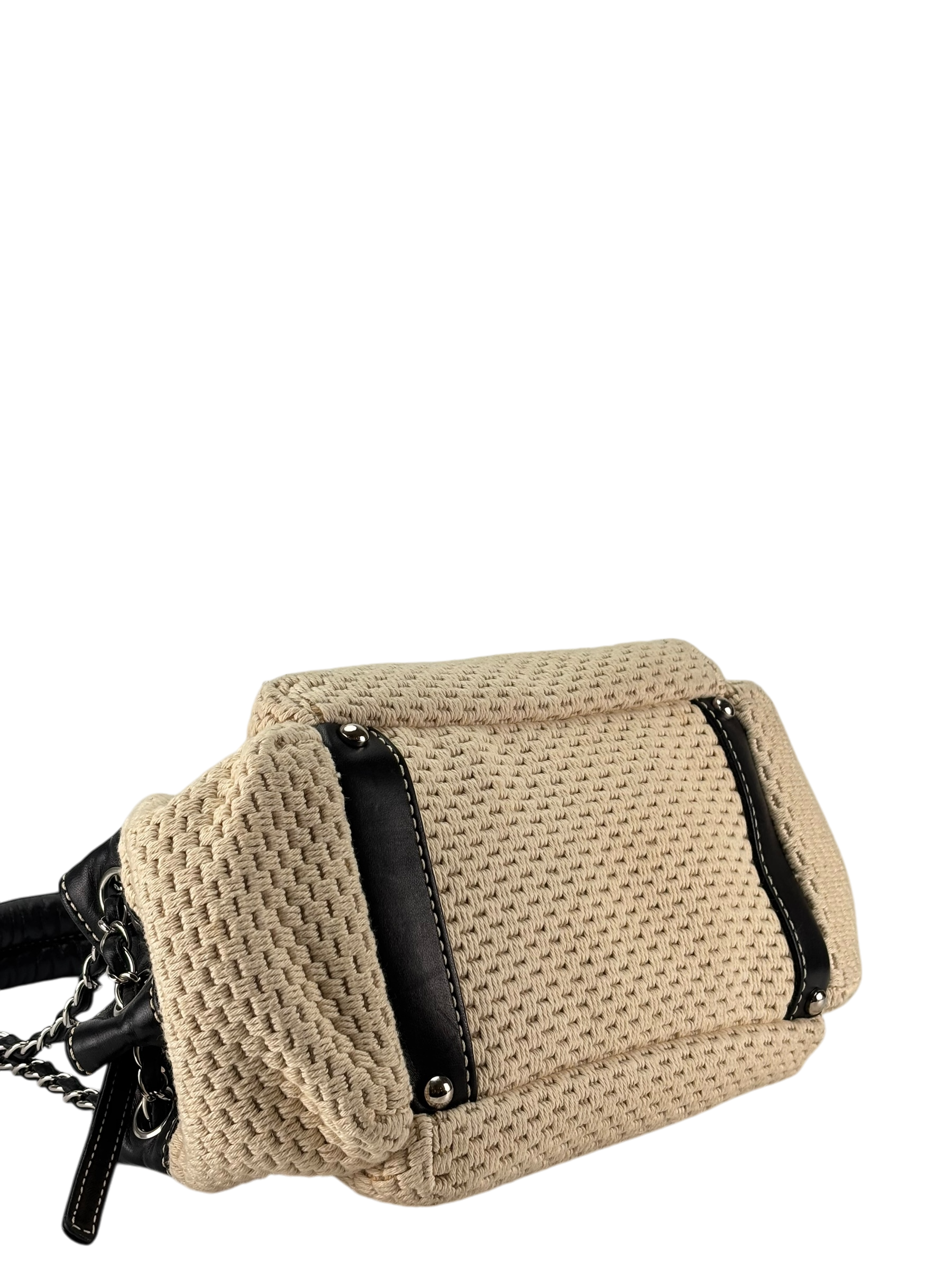 CHANEL - logo chain shoulder bag cotton leather beige black