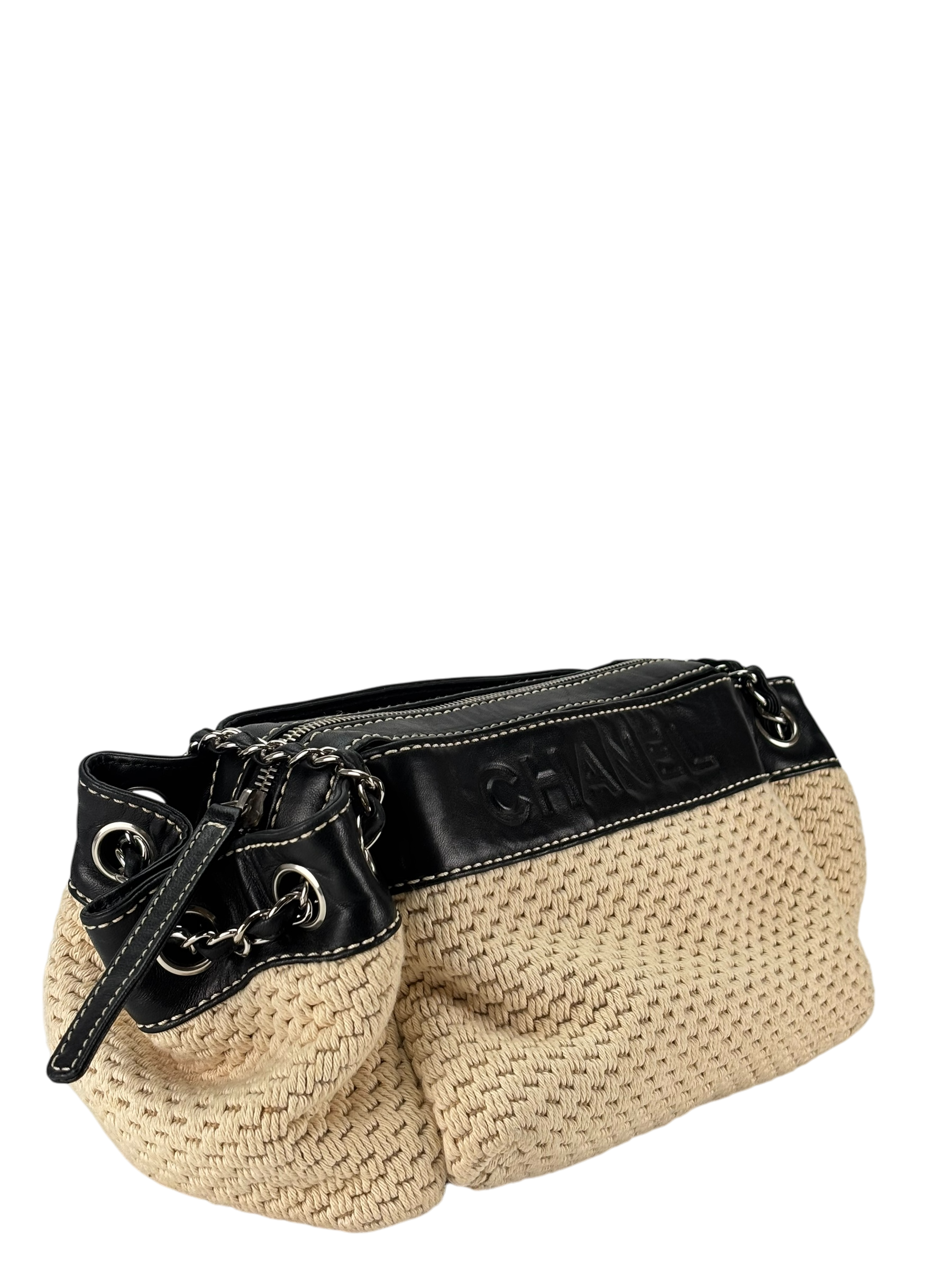 CHANEL - logo chain shoulder bag cotton leather beige black
