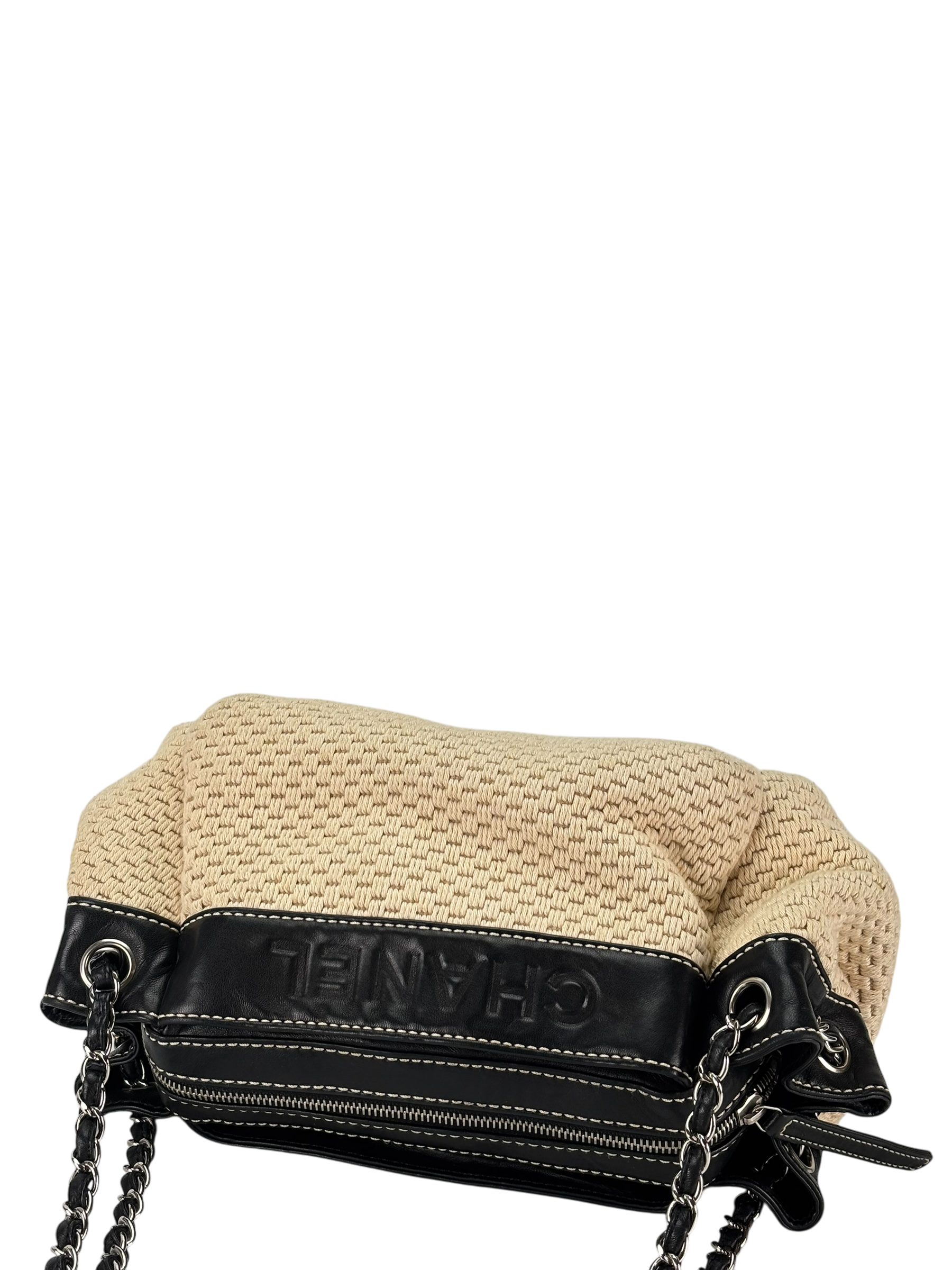 CHANEL - logo chain shoulder bag cotton leather beige black