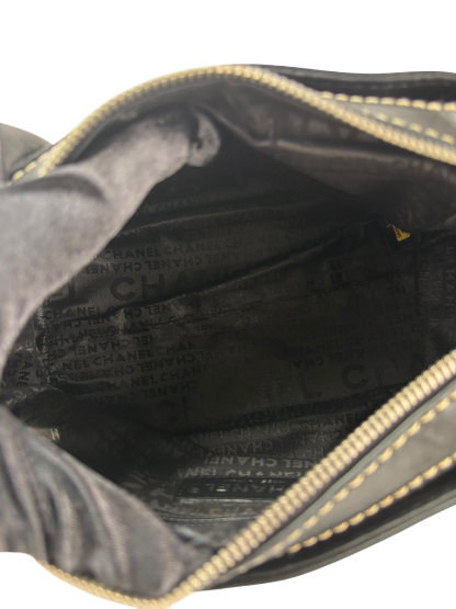 CHANEL - logo chain shoulder bag cotton leather beige black