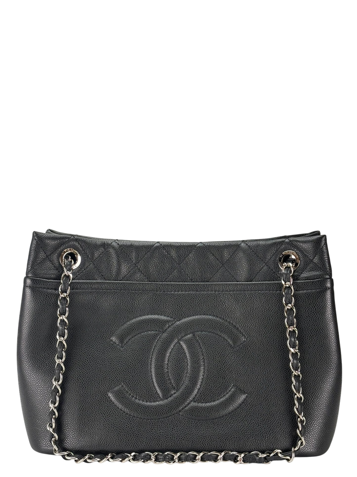 CHANEL - Black Coco Mark Matelasse Quilted Chain Tote Bag