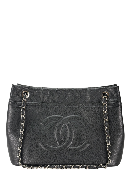 CHANEL - Black Coco Mark Matelasse Quilted Chain Tote Bag