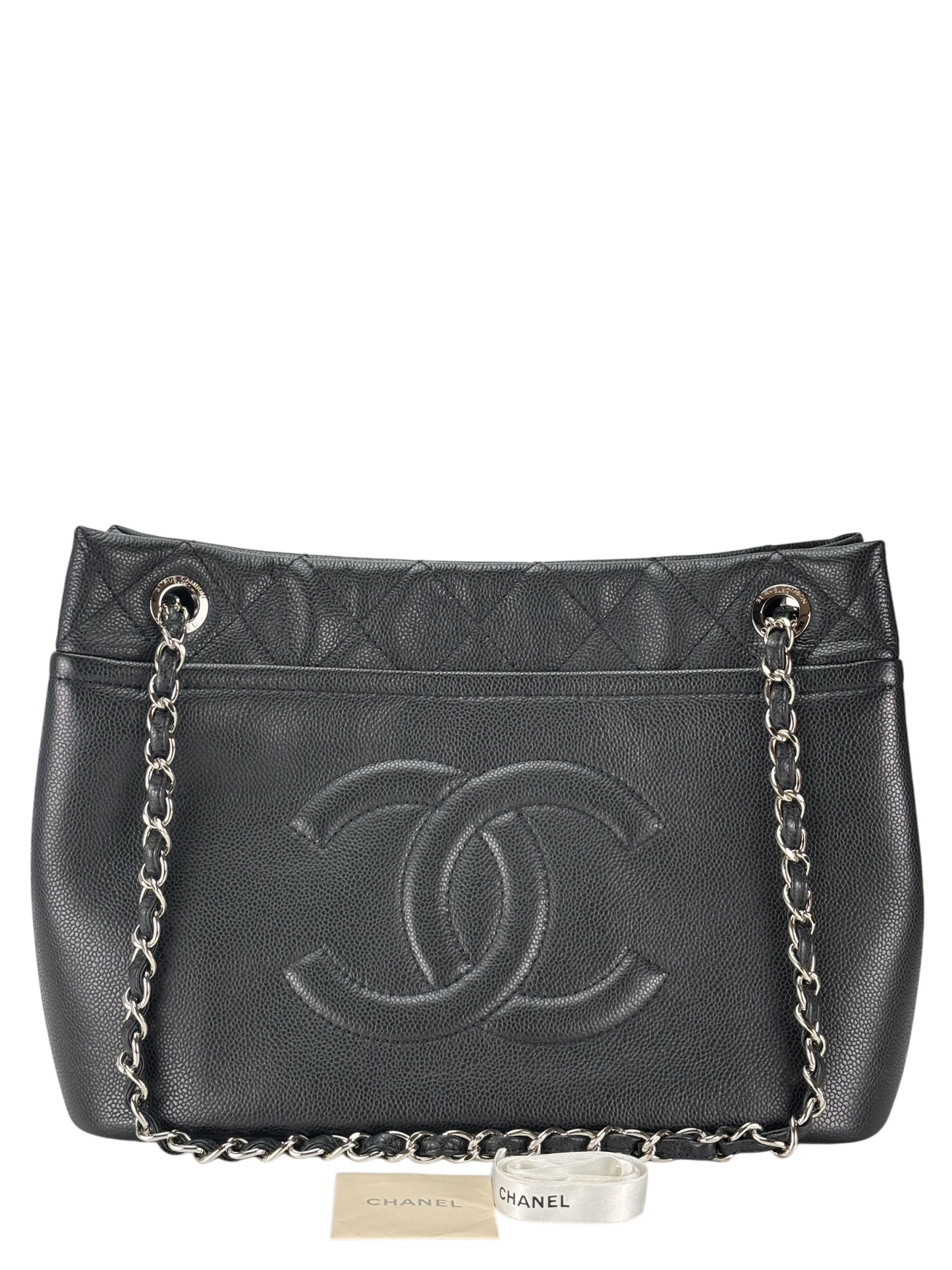 CHANEL - Black Coco Mark Matelasse Quilted Chain Tote Bag