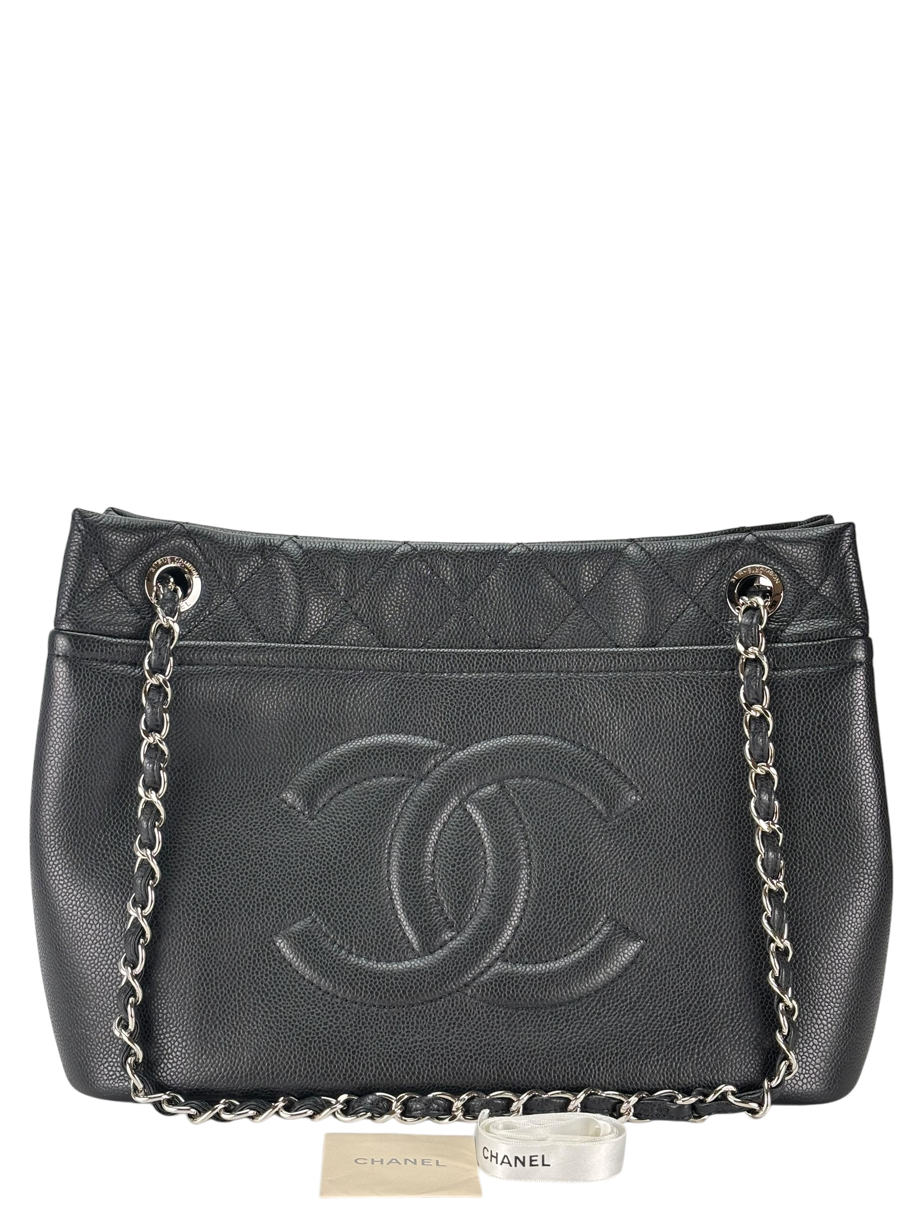 CHANEL - Black Coco Mark Matelasse Quilted Chain Tote Bag