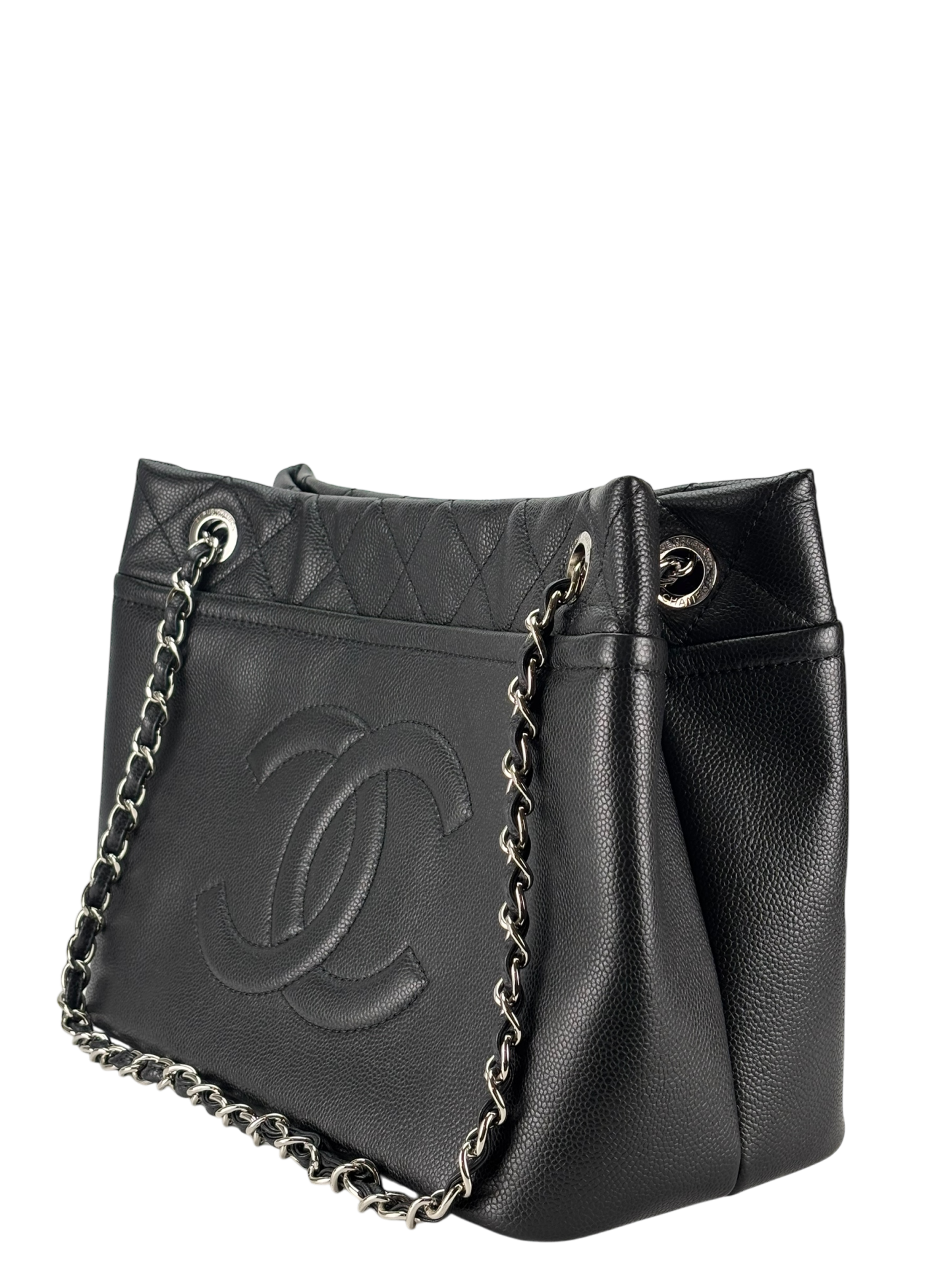 CHANEL - Black Coco Mark Matelasse Quilted Chain Tote Bag