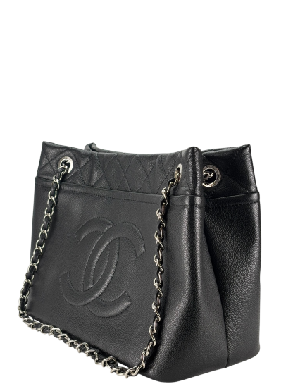 CHANEL - Black Coco Mark Matelasse Quilted Chain Tote Bag