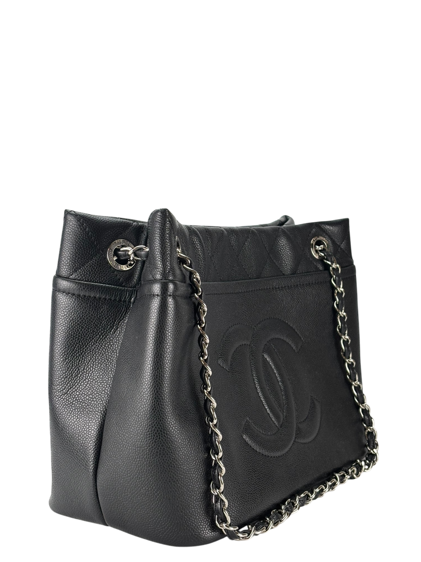 CHANEL - Black Coco Mark Matelasse Quilted Chain Tote Bag