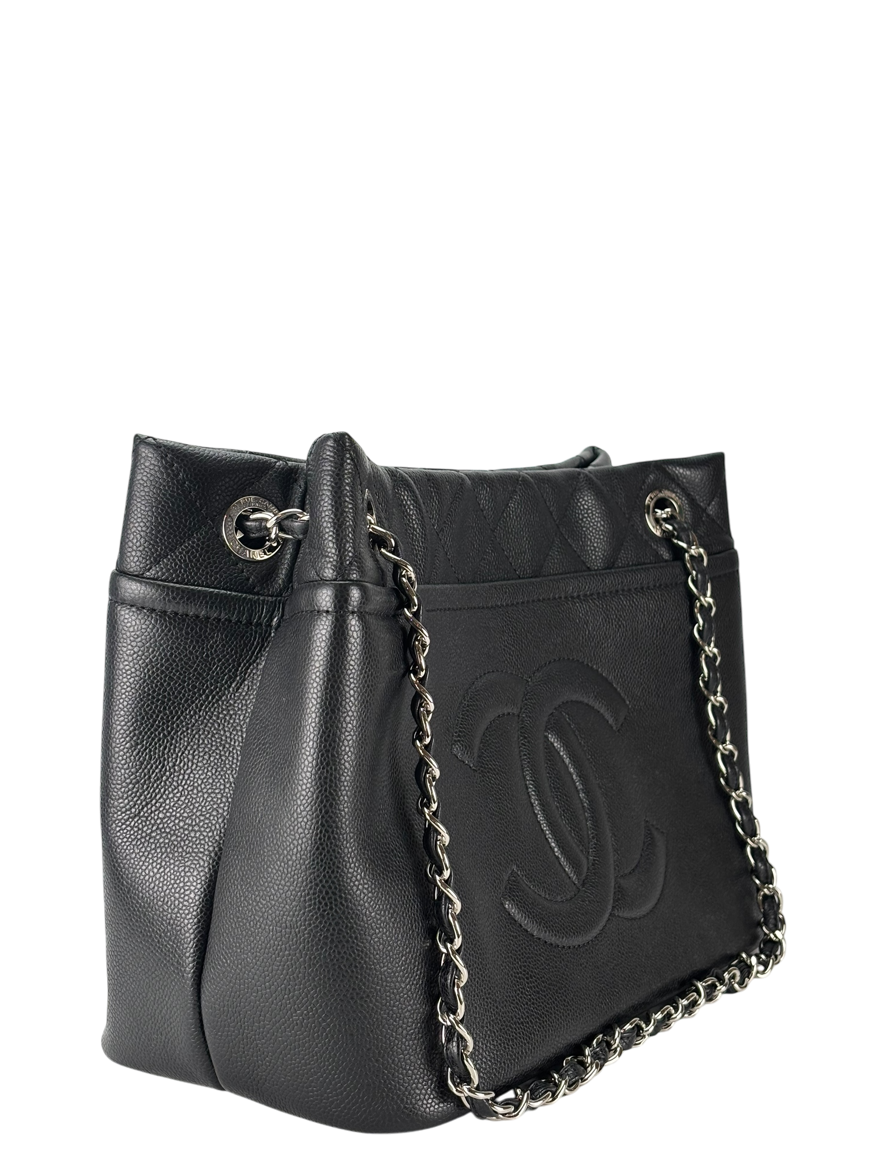CHANEL - Black Coco Mark Matelasse Quilted Chain Tote Bag