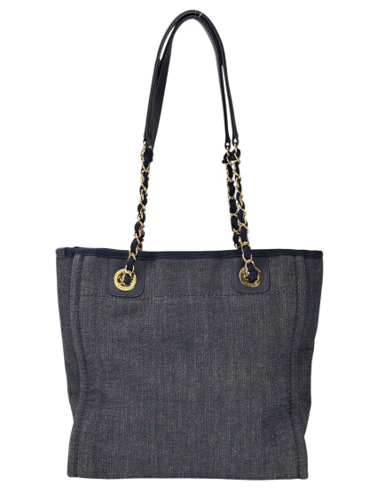 CHANEL - Navy Mixed Fibers Raffia Striped Deauville Tote Bag