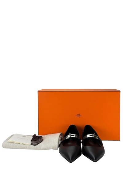 HERMES - Black Calfskin Kelly Ballet Flat Pumps Shoes 