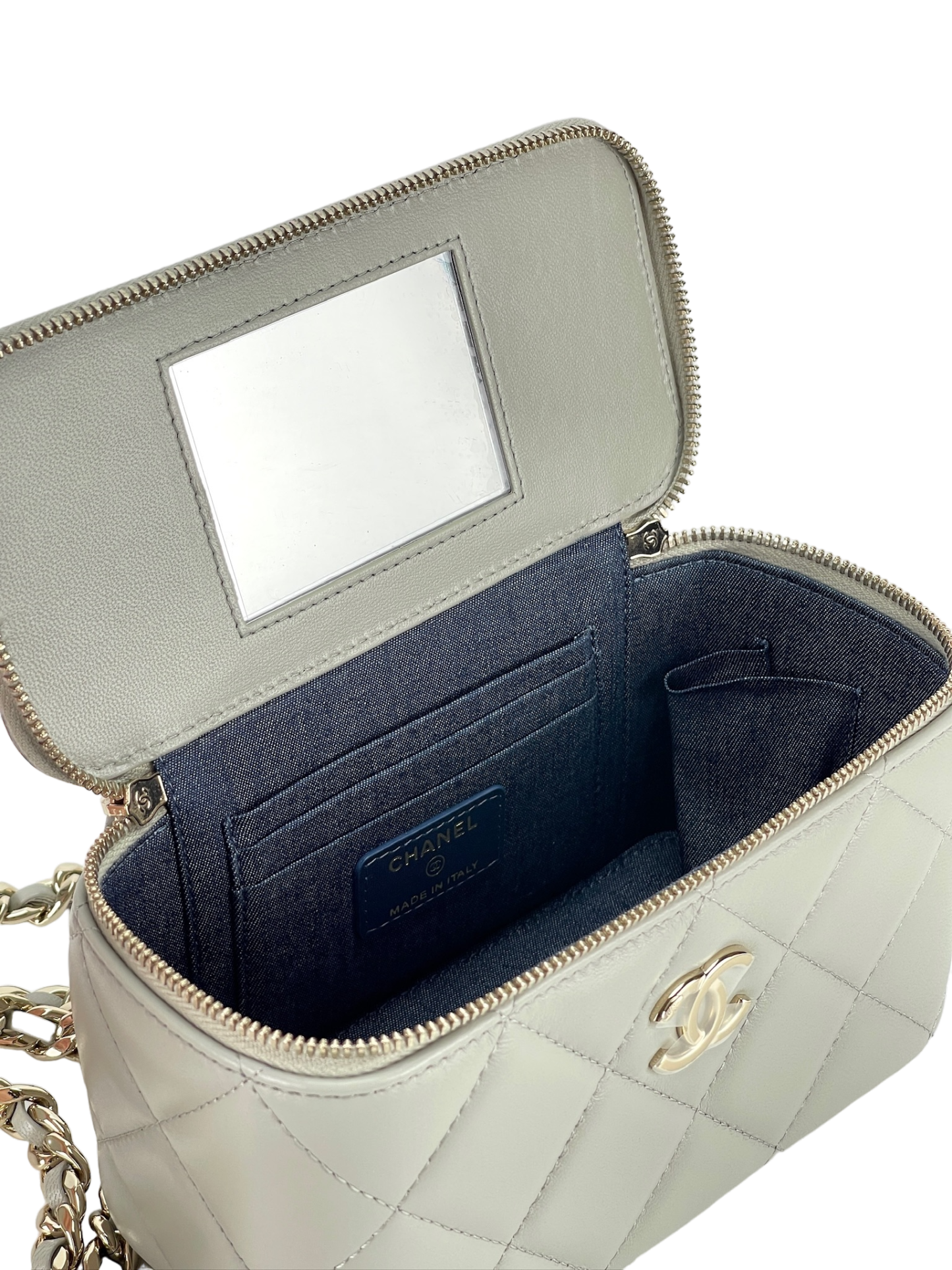 CHANEL - CHANEL Mini Vanity Case Carved Gold Chain