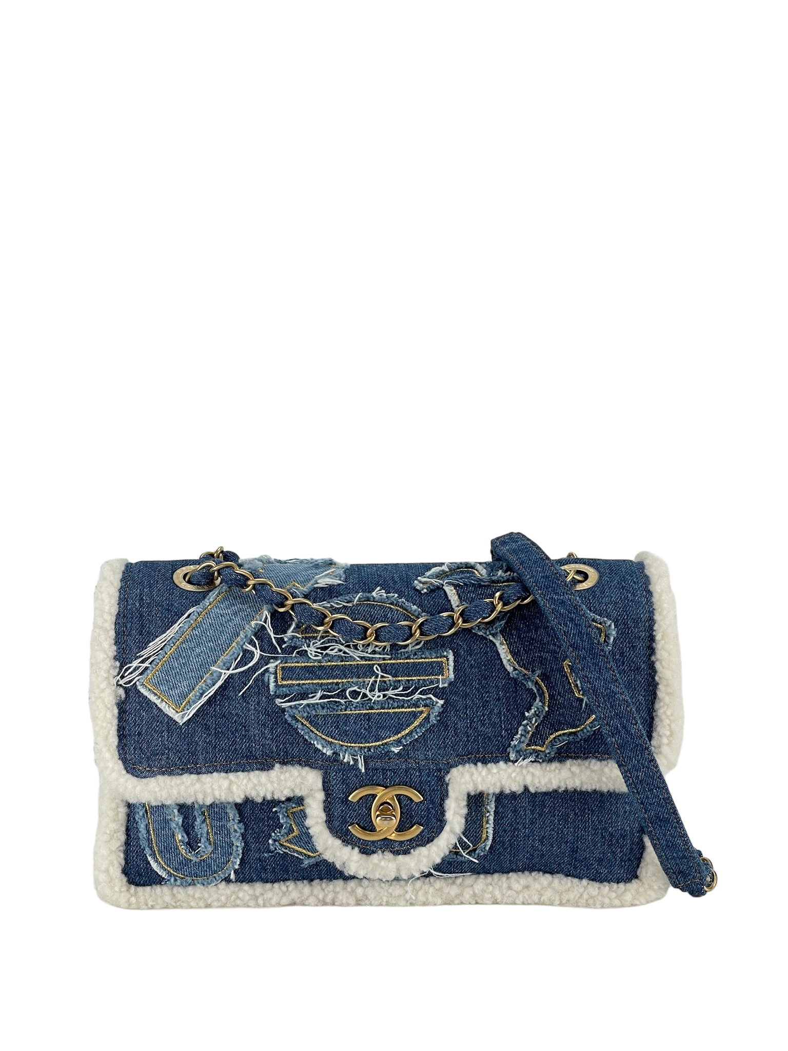 CHANEL - Denim Shearling Trim Flap Bag