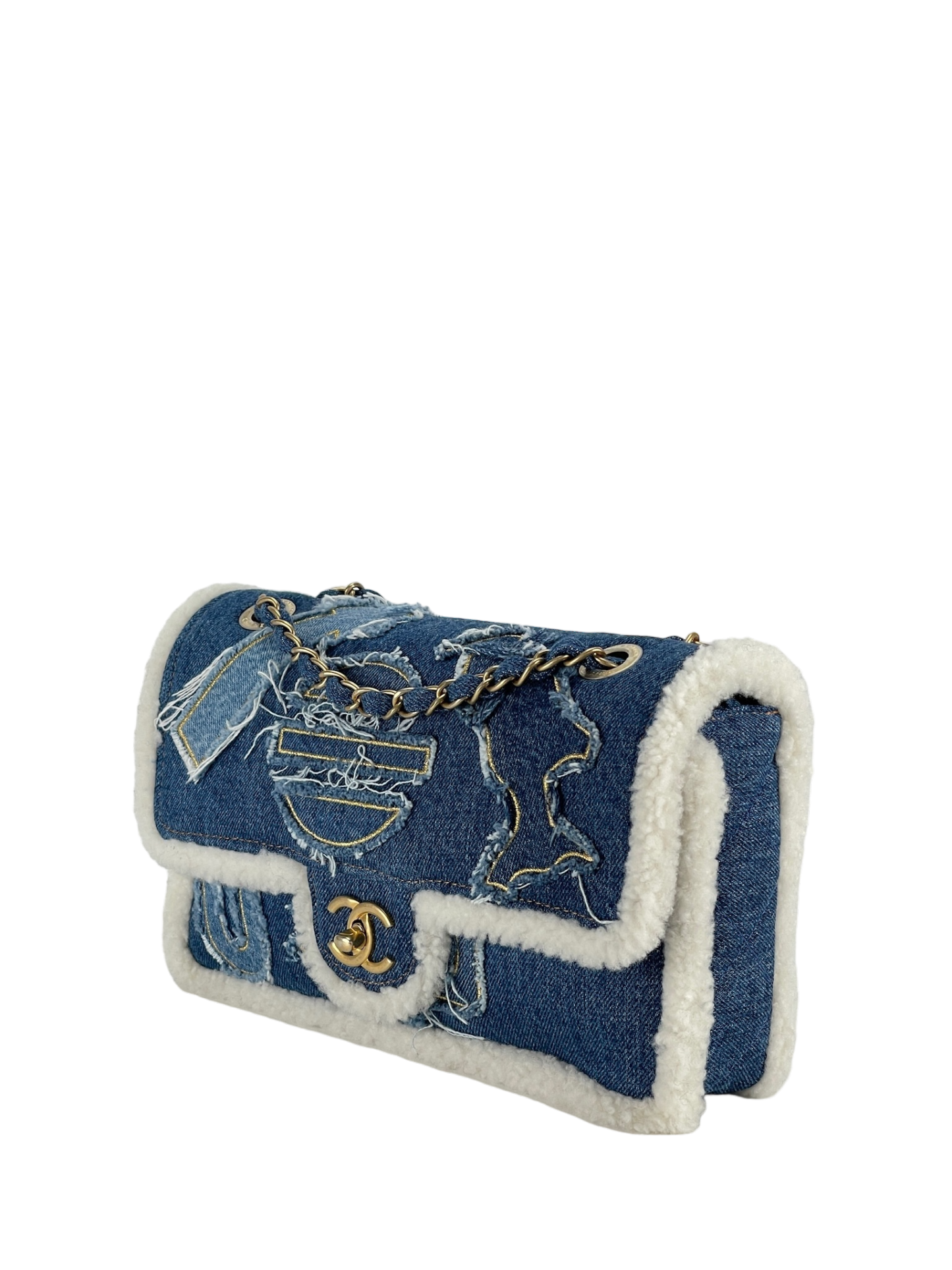 CHANEL - Denim Shearling Trim Flap Bag