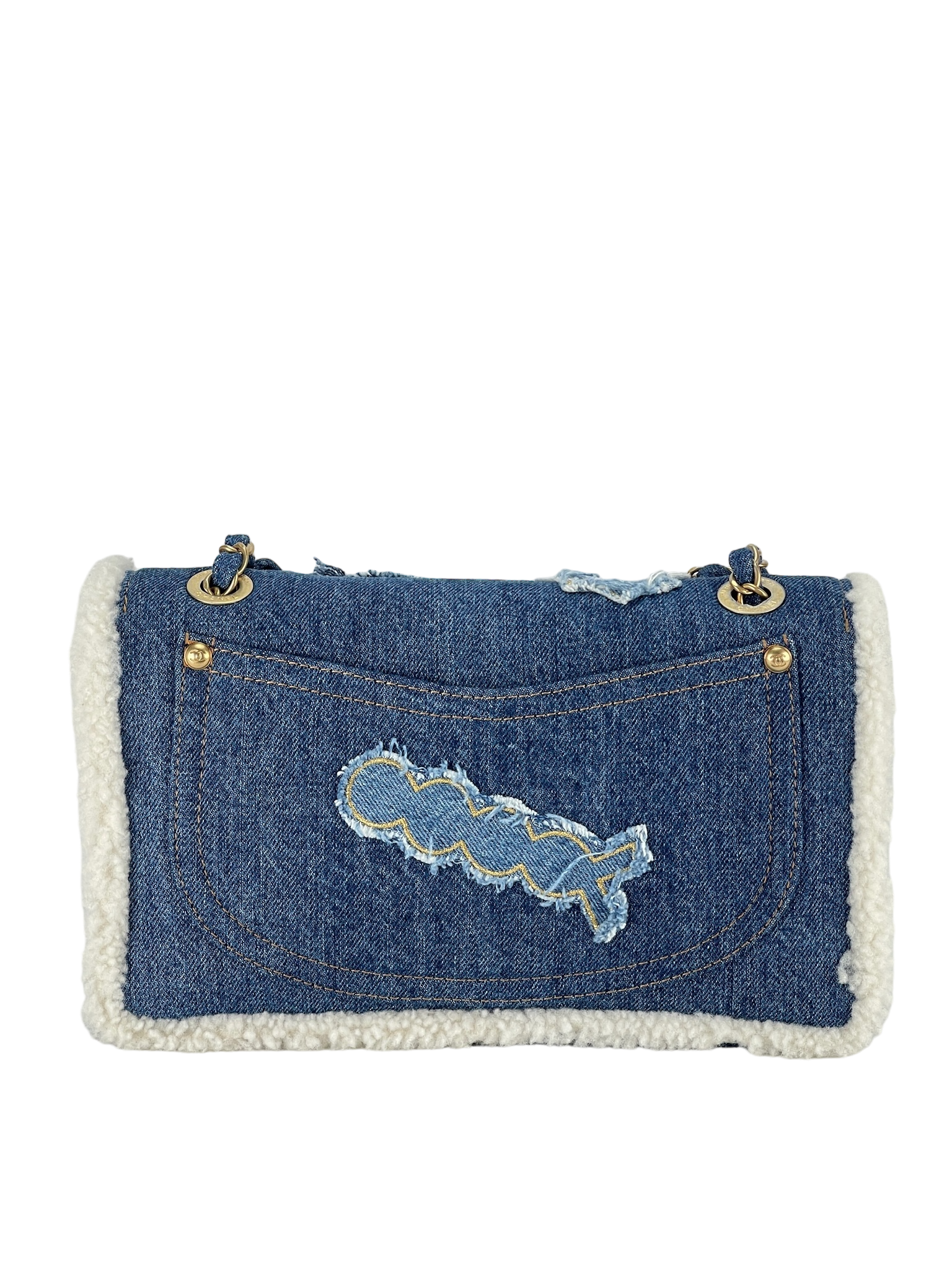 CHANEL - Denim Shearling Trim Flap Bag