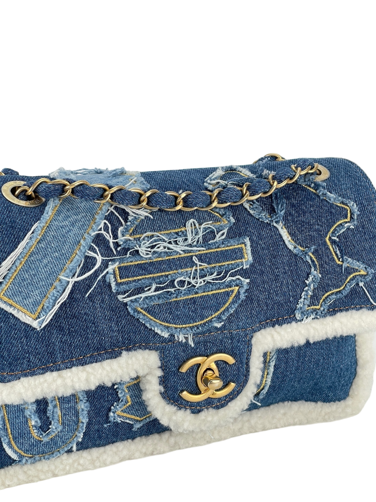 CHANEL - Denim Shearling Trim Flap Bag