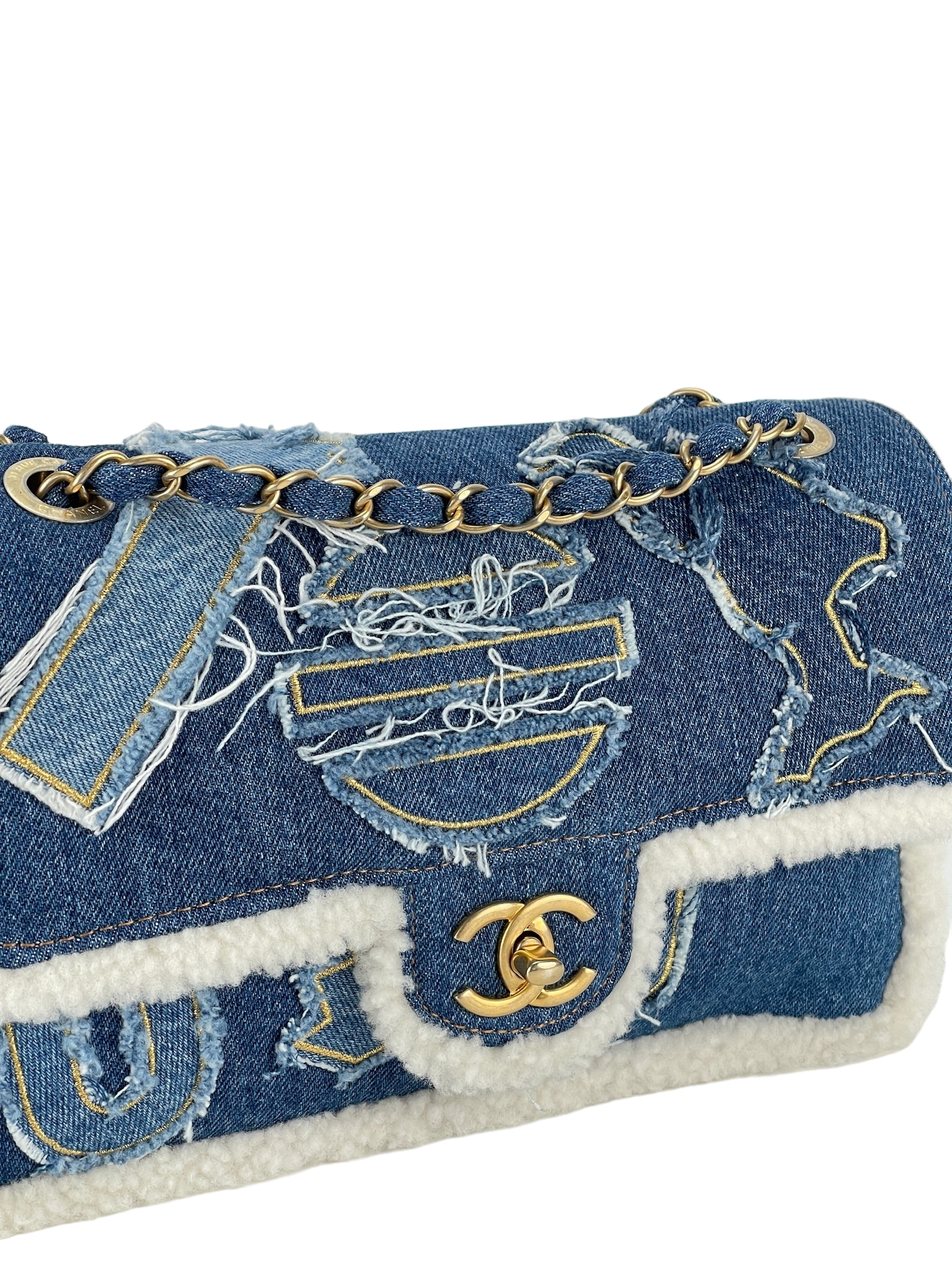 CHANEL - Denim Shearling Trim Flap Bag