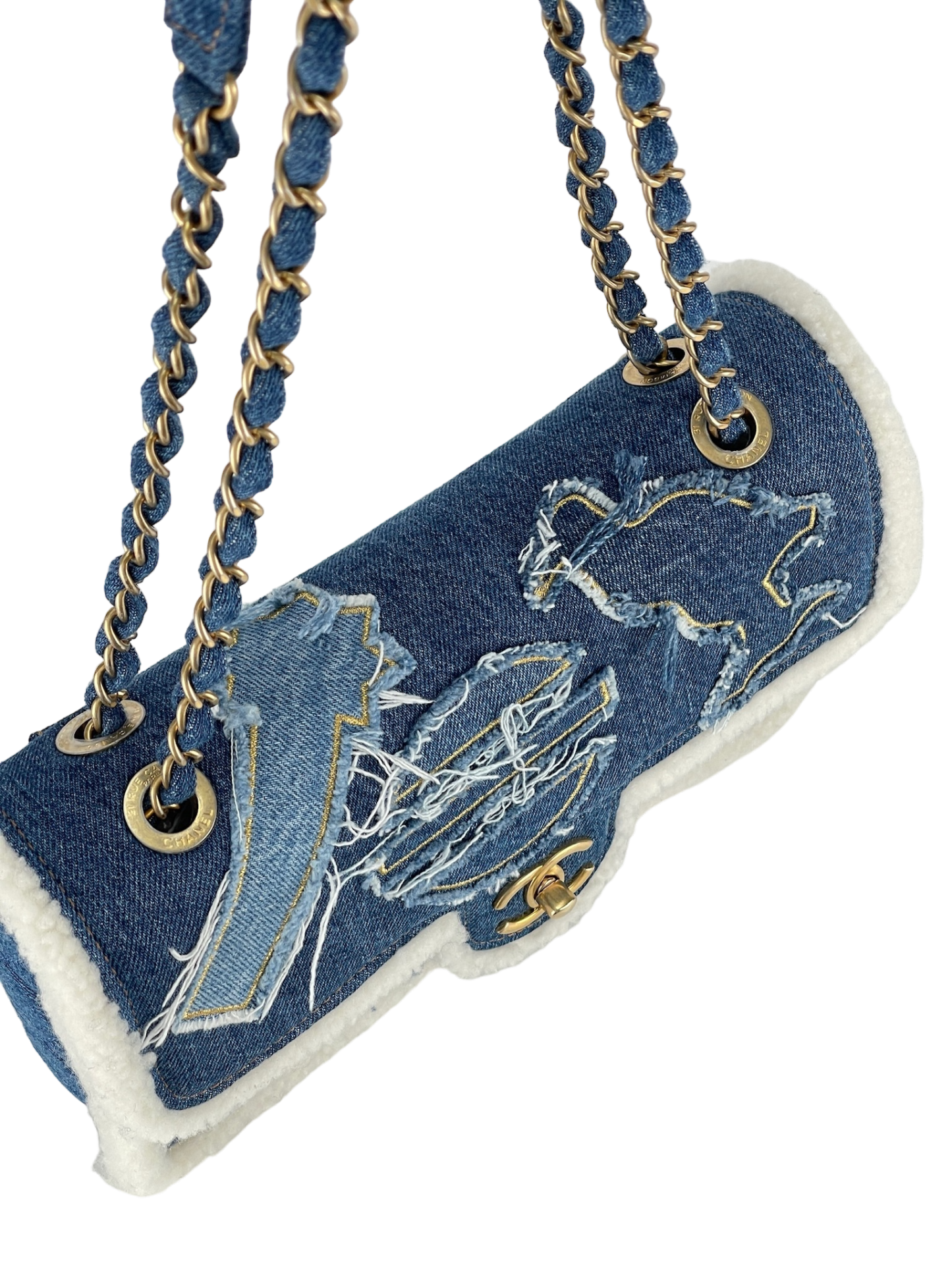 CHANEL - Denim Shearling Trim Flap Bag