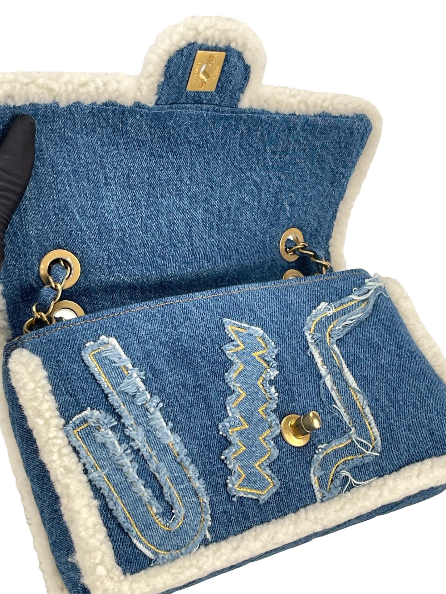 CHANEL - Denim Shearling Trim Flap Bag