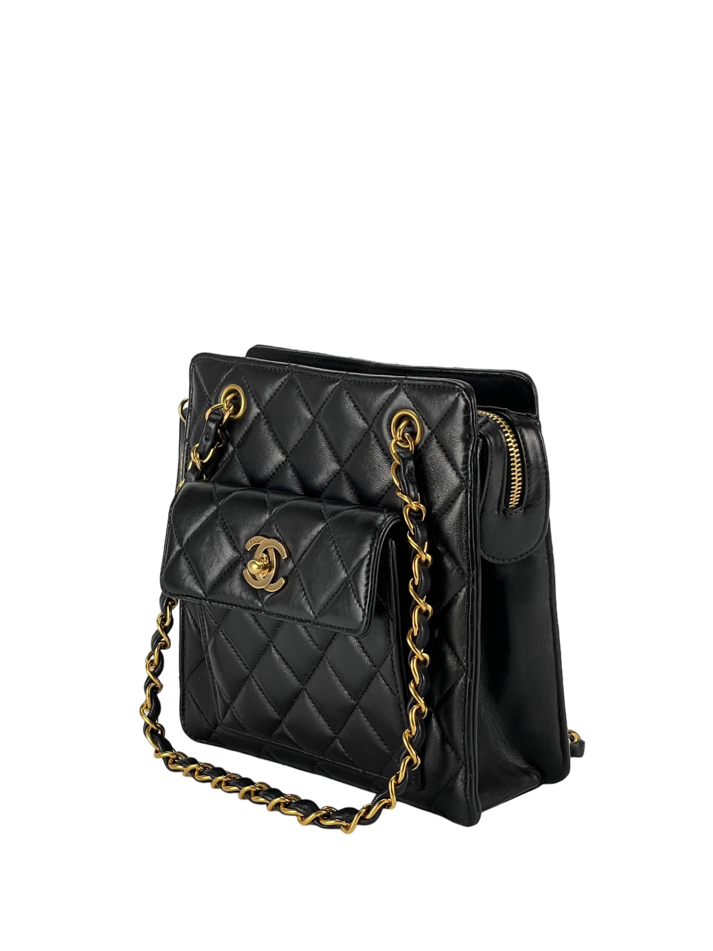 CHANEL - Black Quilted Leather Front Pocket Bag