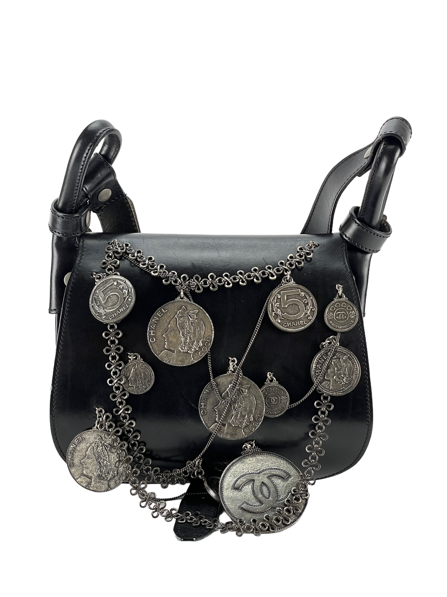 CHANEL - Black Leather Medallion Messenger Saddle Bag