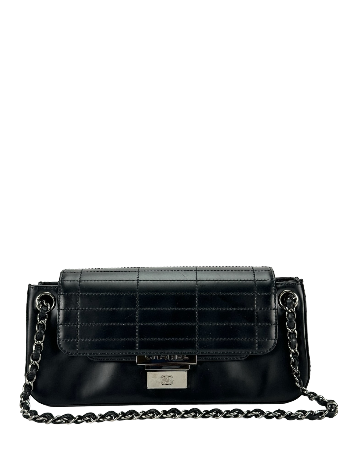 CHANEL - Black Patent Leather Push Lock Accordion Flap Bag
