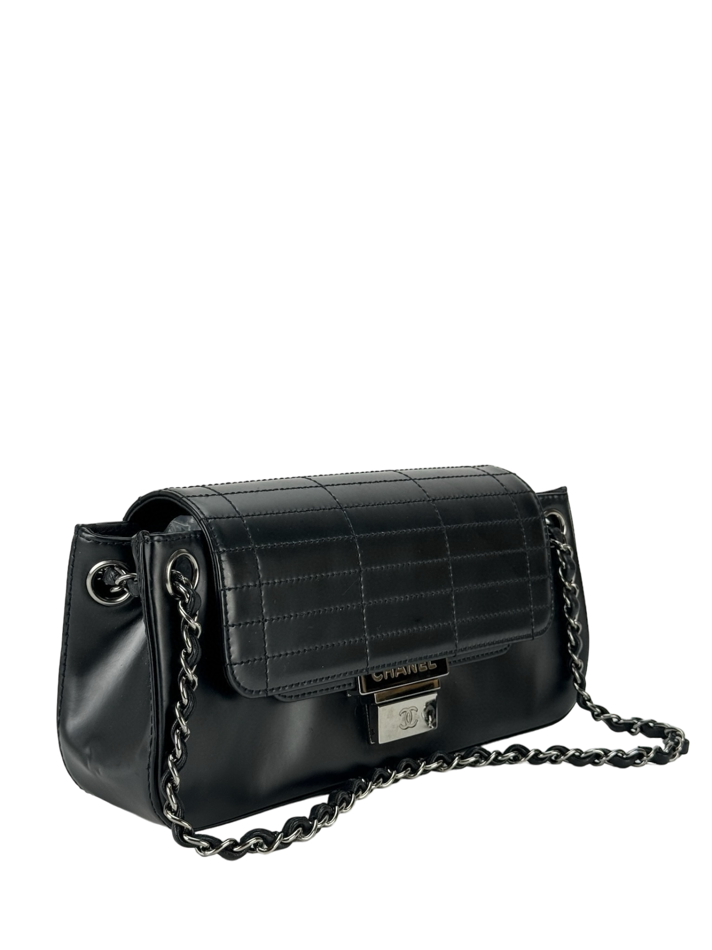 CHANEL - Black Patent Leather Push Lock Accordion Flap Bag
