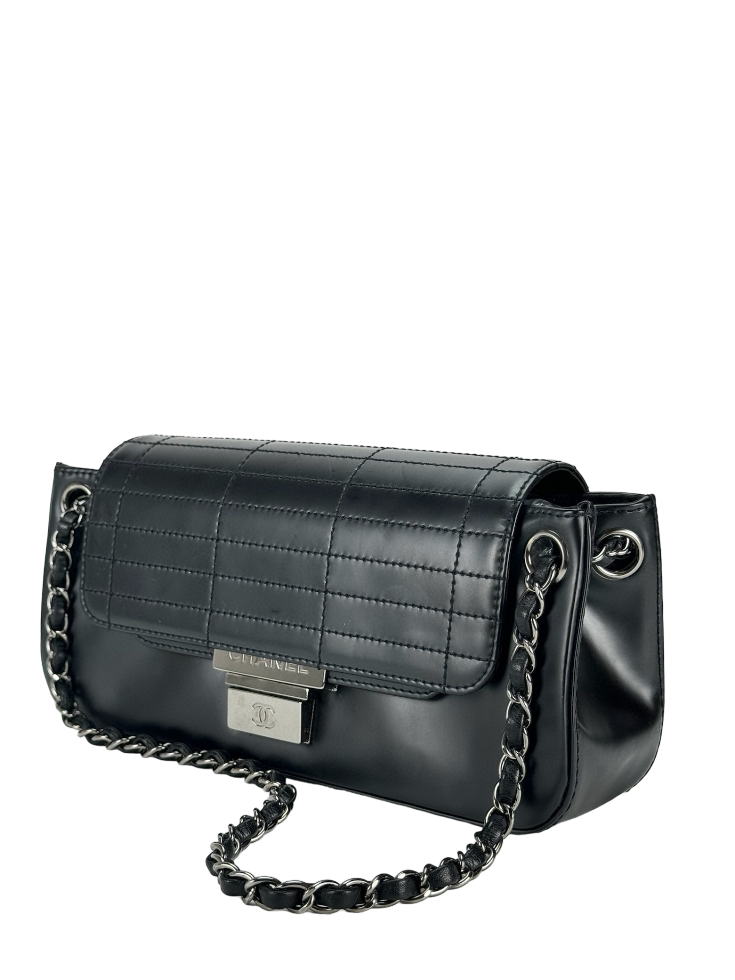 CHANEL - Black Patent Leather Push Lock Accordion Flap Bag