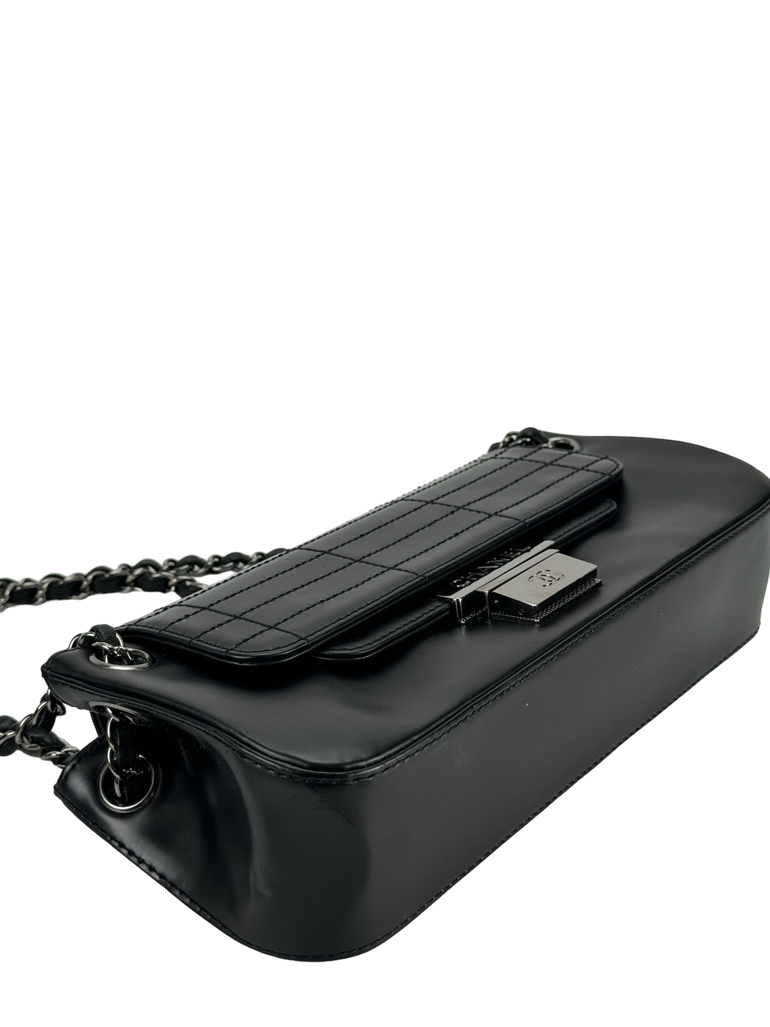 CHANEL - Black Patent Leather Push Lock Accordion Flap Bag