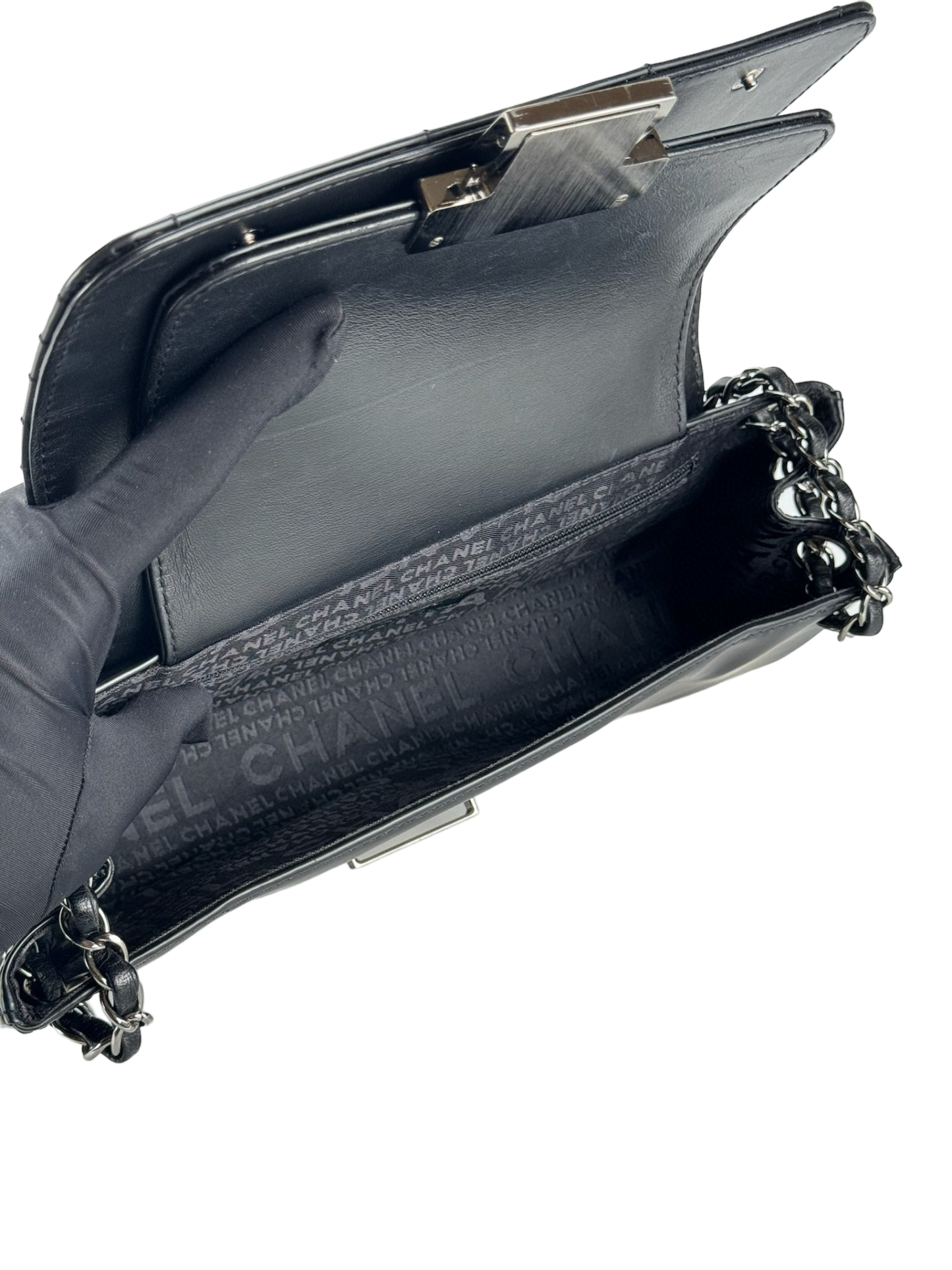CHANEL - Black Patent Leather Push Lock Accordion Flap Bag